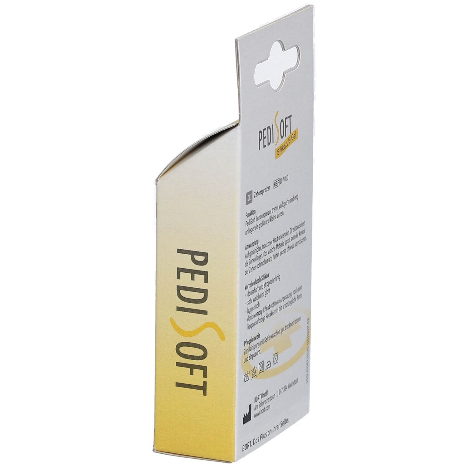 Seitenansicht der BORT PediSoft Zehenspreizer Verpackung. Text: Anwendung, Vorteile, Pflegehinweis. Logo BORT MEDICAL.