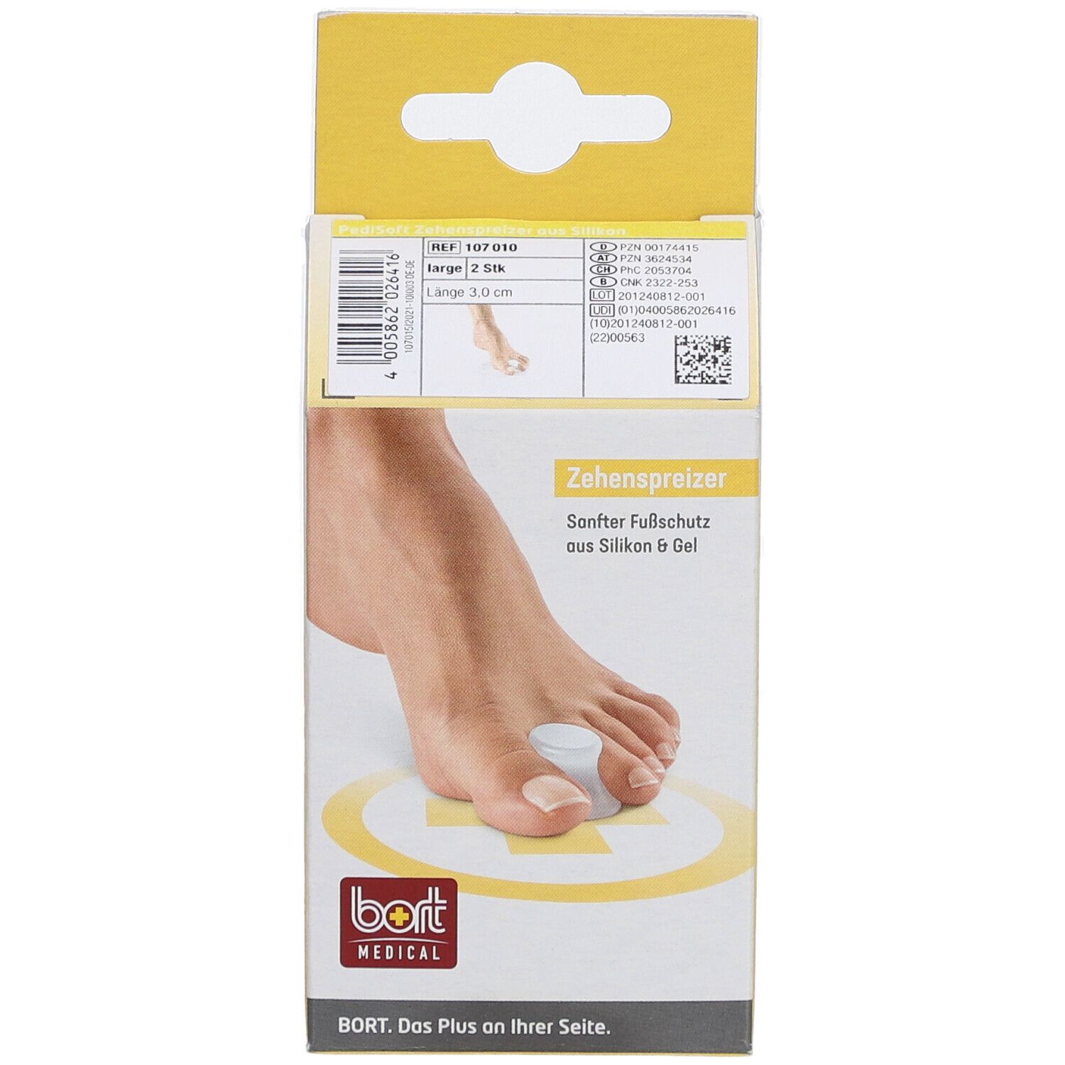 BORT PediSoft Zehenspreizer Verpackung. Aufdruck: Zehenspreizer, sanfter Fußschutz aus Silikon & Gel. Logo BORT MEDICAL. Größe L.