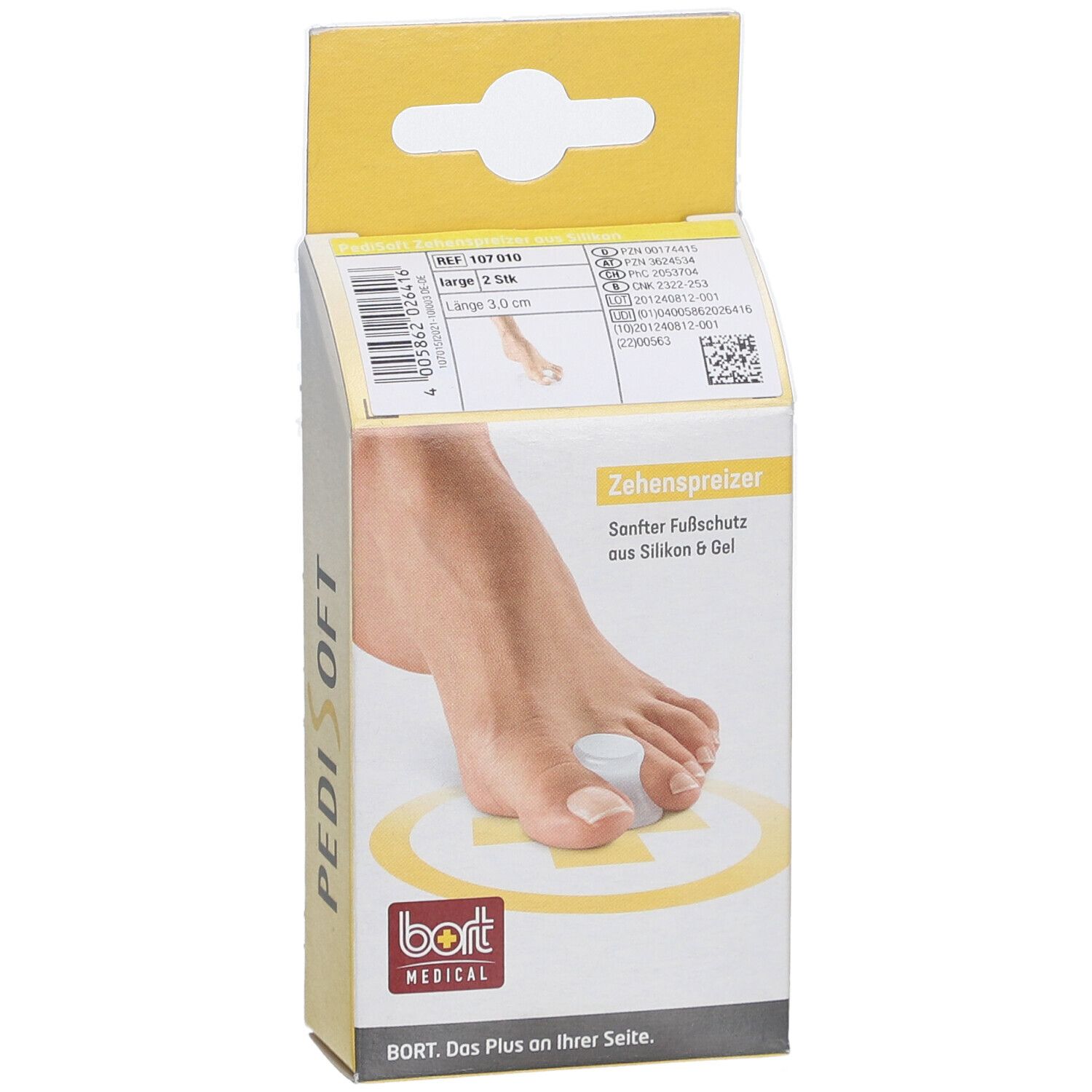 BORT PediSoft Zehenspreizer Verpackung. Aufdruck: Zehenspreizer, sanfter Fußschutz aus Silikon & Gel. Logo BORT MEDICAL. Größe L.