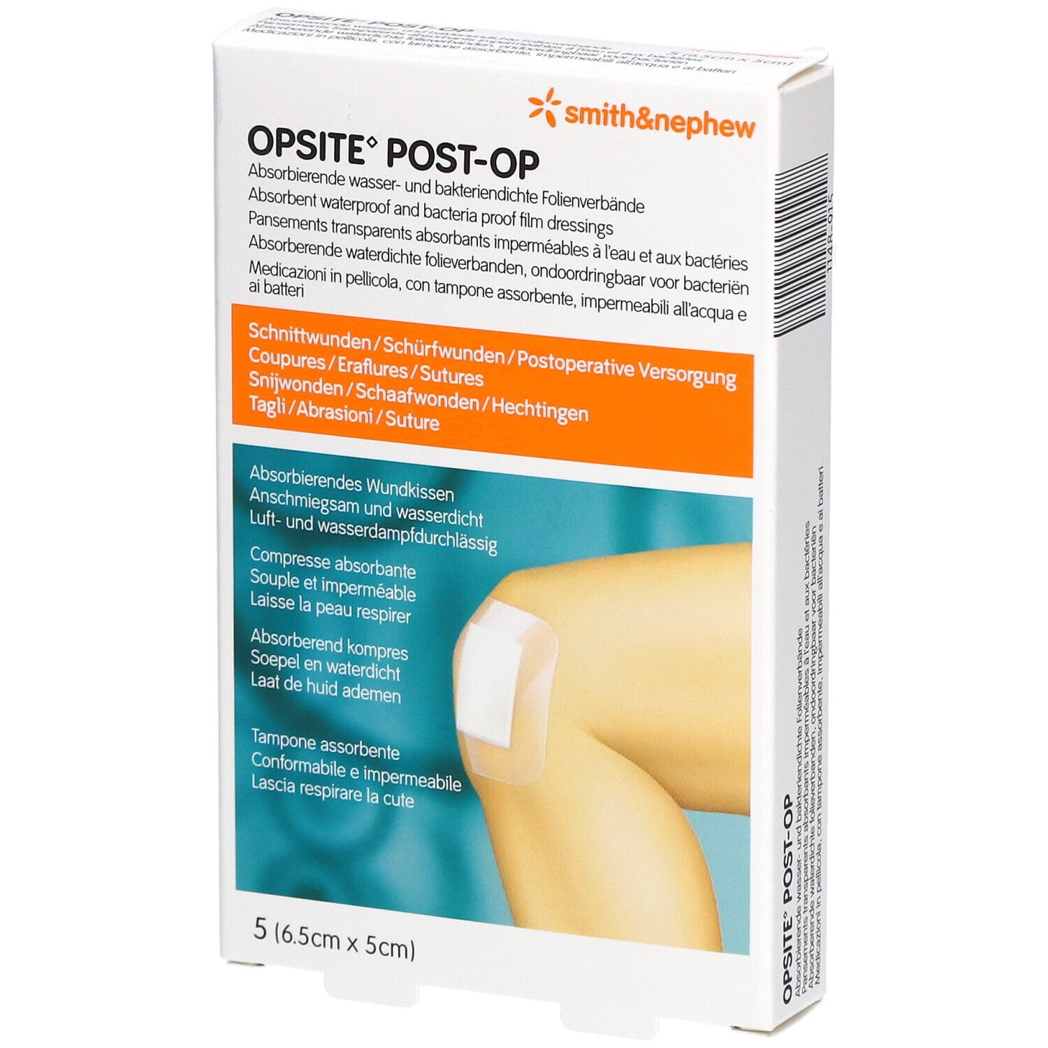 Verpackung von OPSITE® Post-Op Heftpflastern. Zeigt ein Pflaster auf einem Knie. 5 Stück, 6,5 x 5 cm.