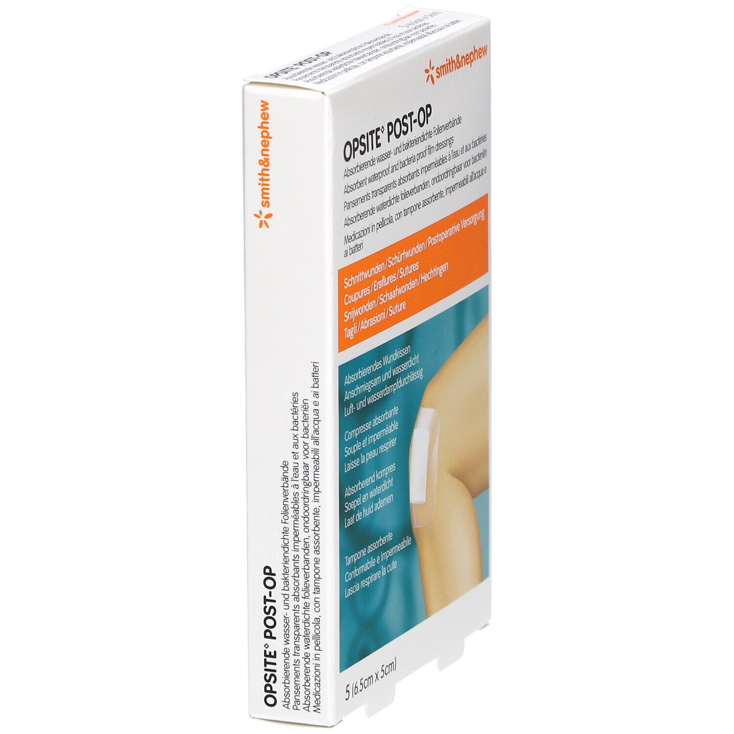 Seitenansicht der OPSITE® Post-Op Verpackung. Text in mehreren Sprachen. 5 Pflaster, 6,5 x 5 cm.