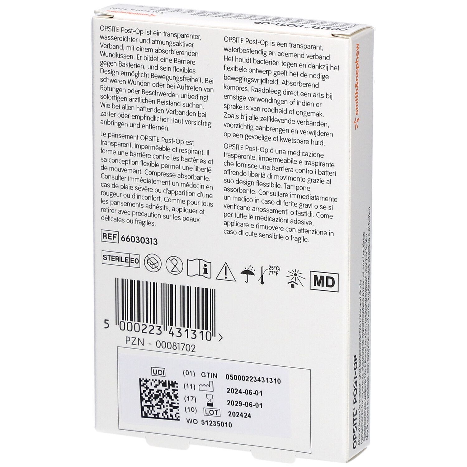Rückseite der OPSITE® Post-Op Verpackung. Text in mehreren Sprachen. Barcode, Haltbarkeitsdatum, Zertifizierungen.