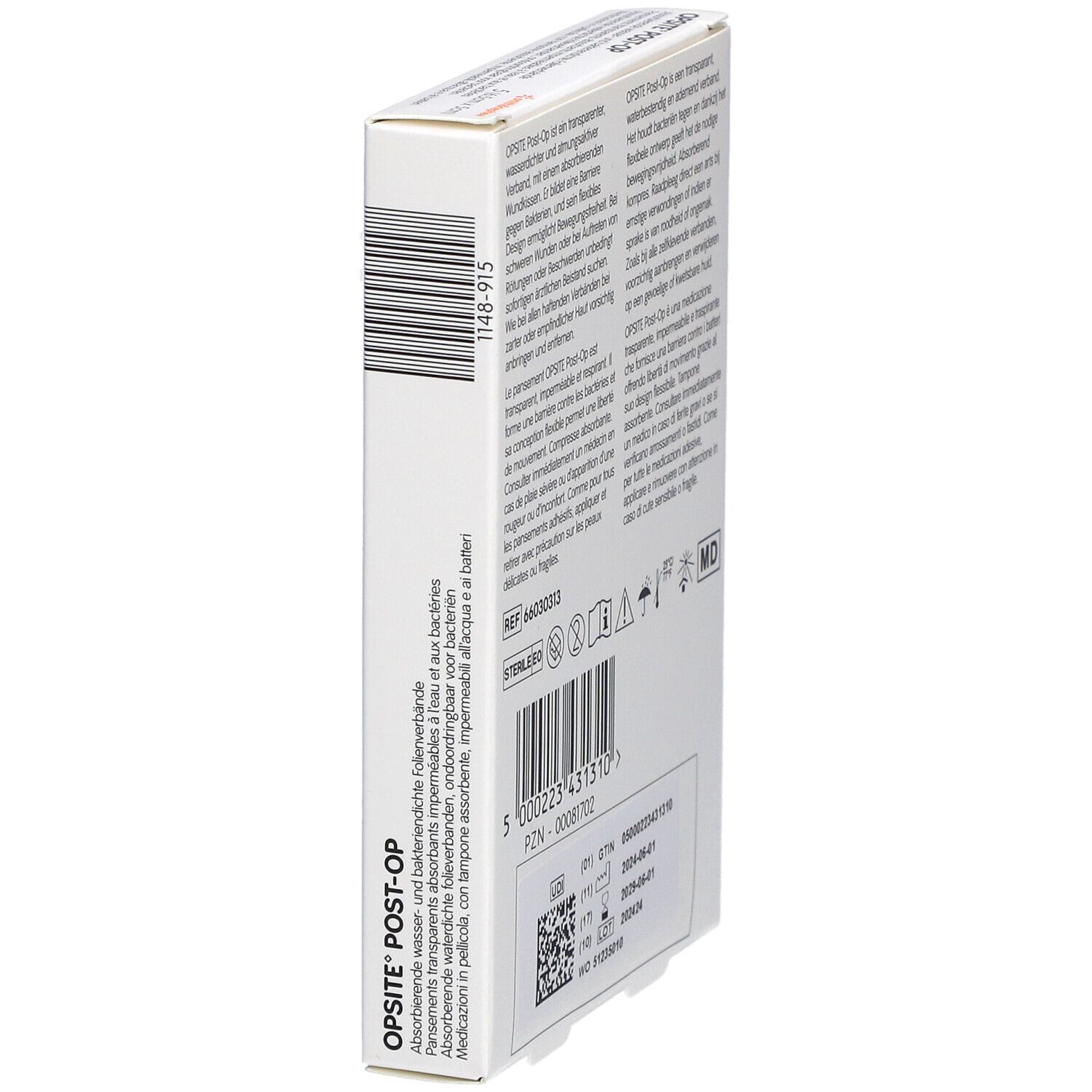 Seitenansicht der OPSITE® Post-Op Verpackung. Barcode und Text. Steril-Kennzeichnung.