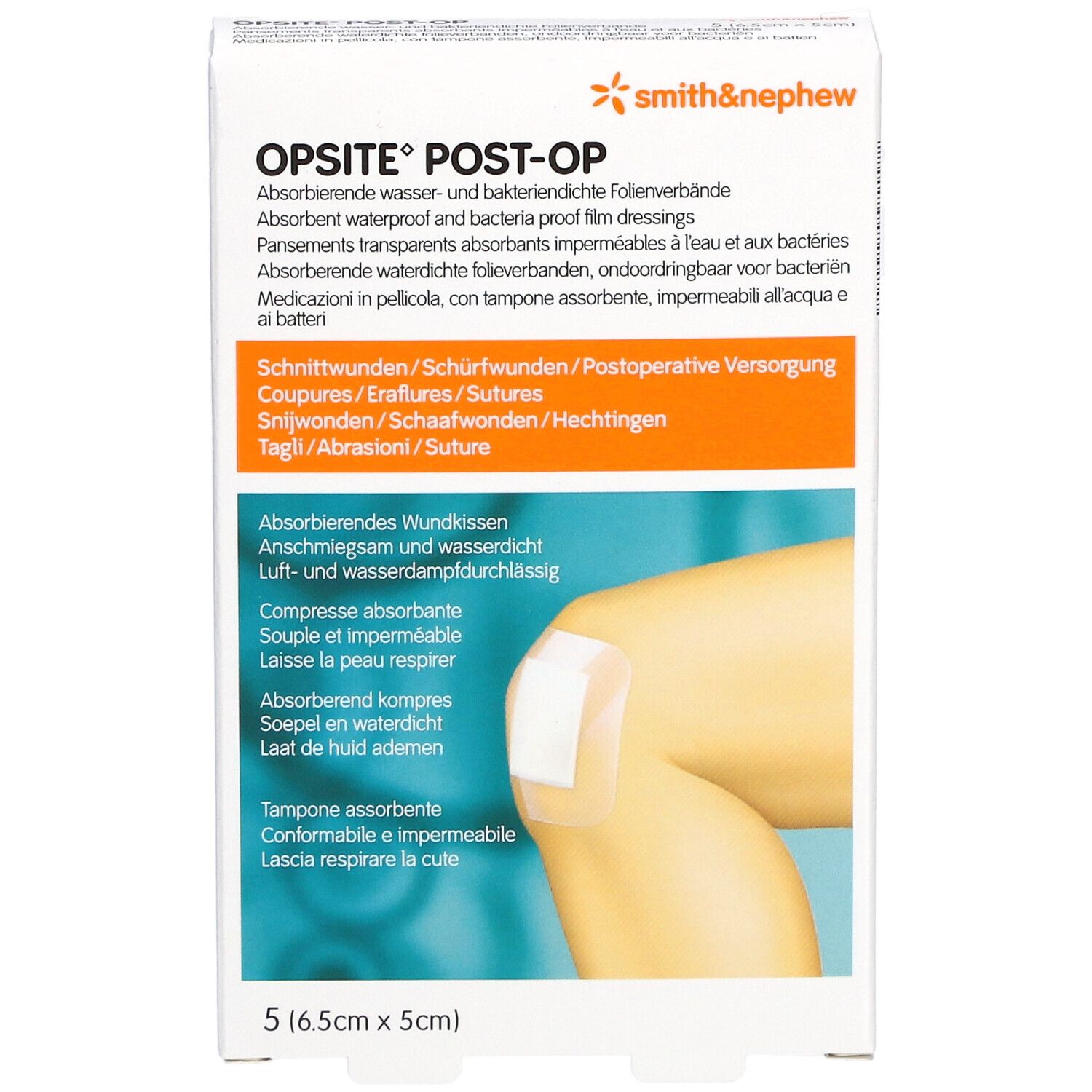 Verpackung von OPSITE® Post-Op Heftpflastern. Zeigt ein Pflaster auf einem Knie. 5 Stück, 6,5 x 5 cm.