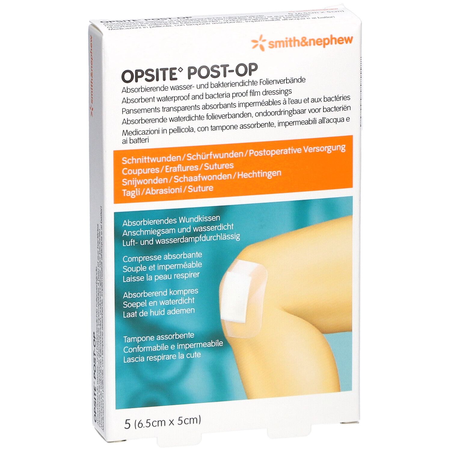 Verpackung von OPSITE® Post-Op Heftpflastern. Zeigt ein Pflaster auf einem Knie. 5 Stück, 6,5 x 5 cm.