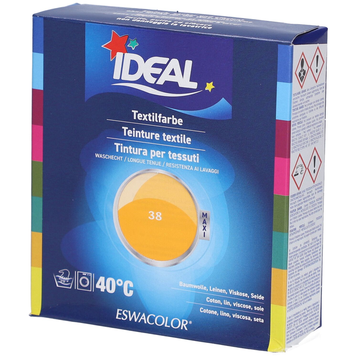 Textilfarbe-Box. IDEAL-Logo. Farbton 38 mandarine. Waschbar bei 40°C. Für Baumwolle, Leinen, Viskose, Seide. ESWACOLOR.