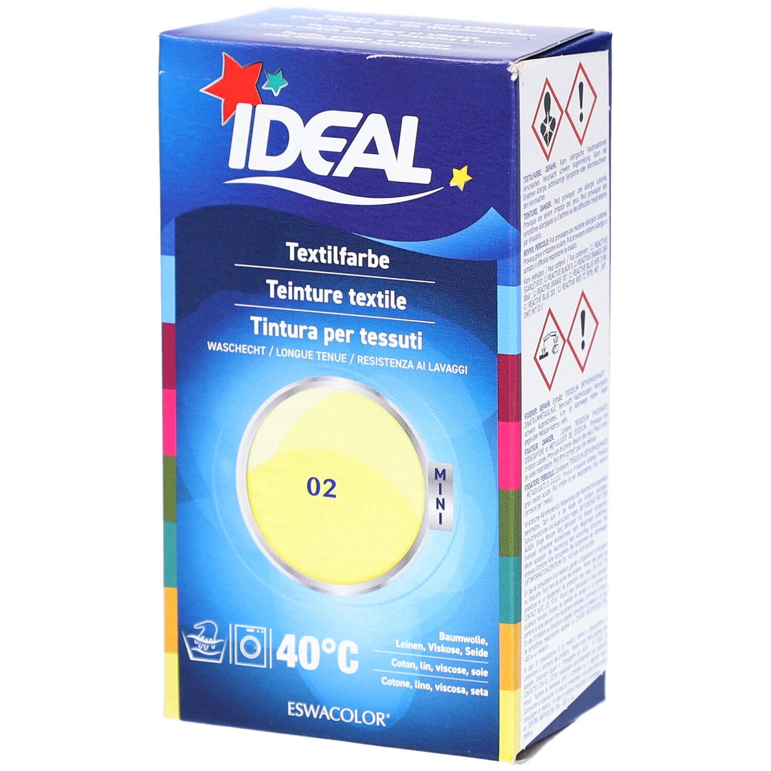 Boîte de teinture textile Ideal MINI, jaune. Informations produit et logo visibles.