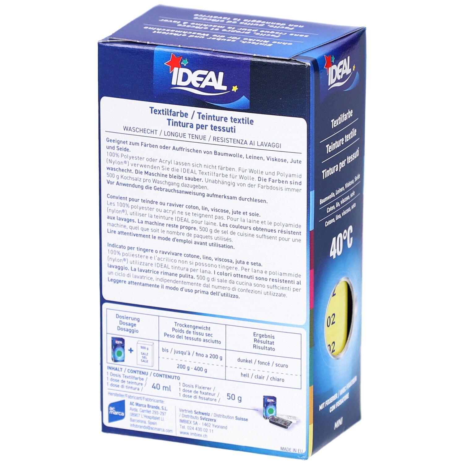 Dos de la boîte Ideal MINI. Informations textuelles, dosage, ingrédients.