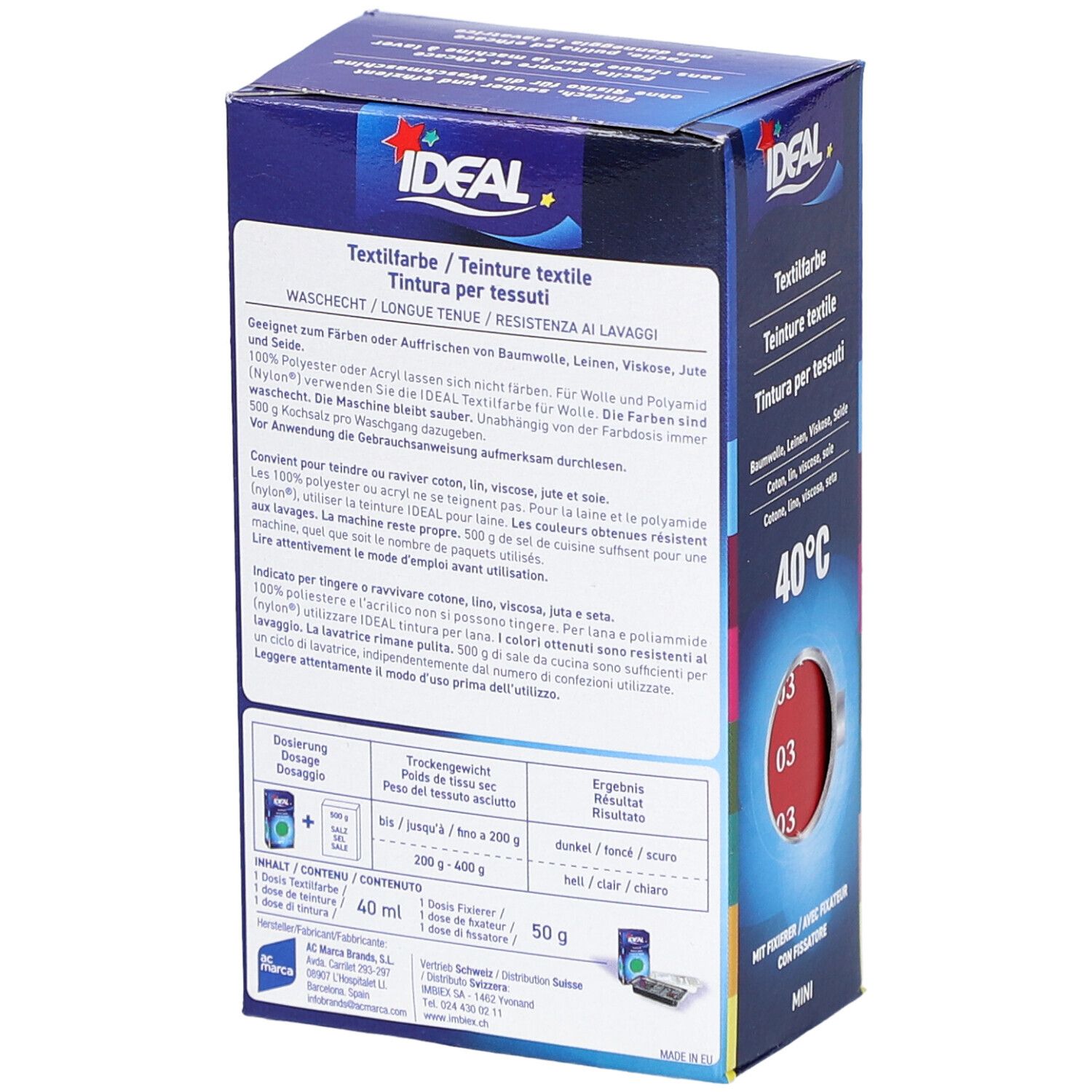 Rückseite der Textilfarben-Verpackung. Informationen zu Inhaltsstoffen, Dosierung und Waschhinweisen. Marke IDEAL.