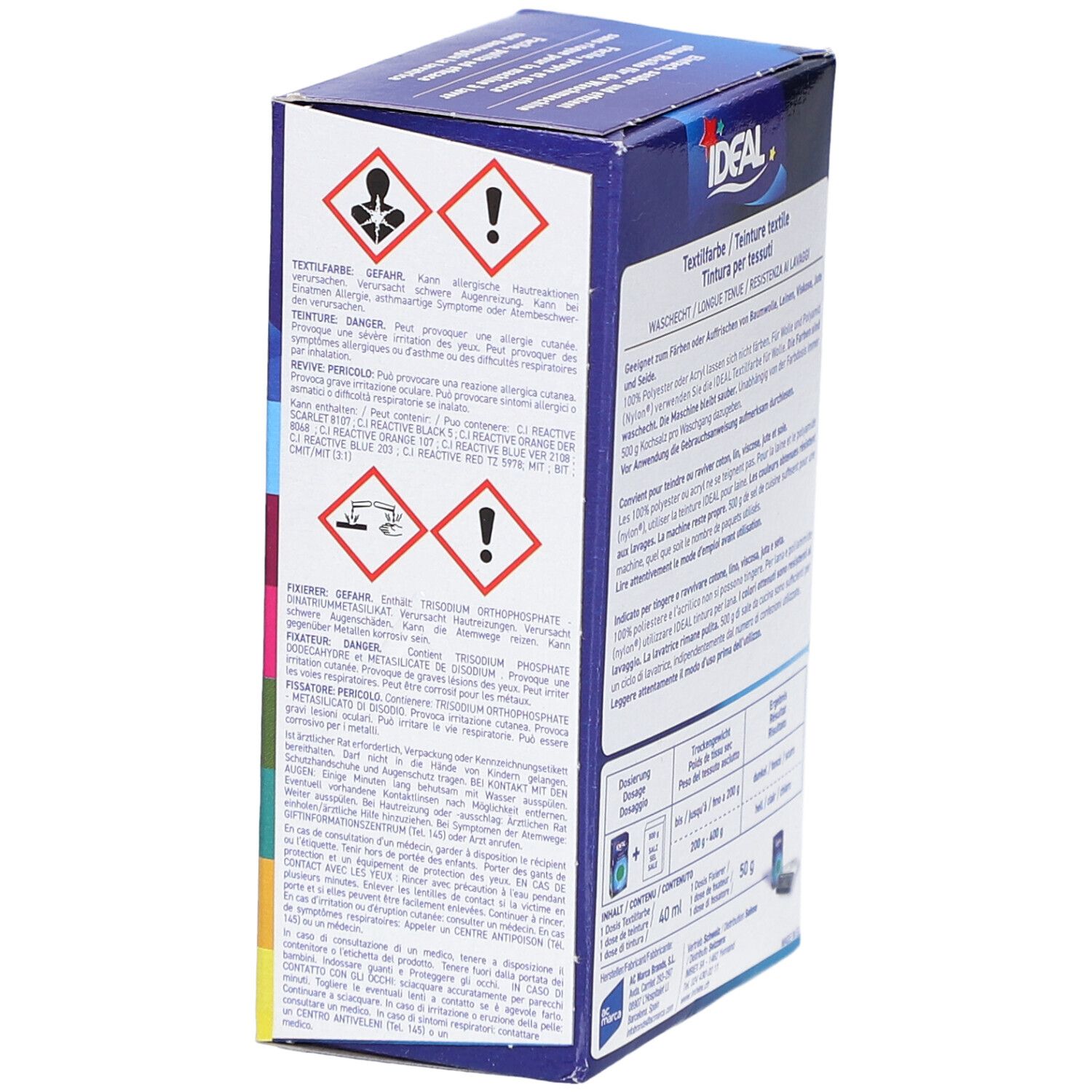 Rückseite der Textilfarben-Verpackung. Warnhinweise und Gefahrensymbole. Marke IDEAL.