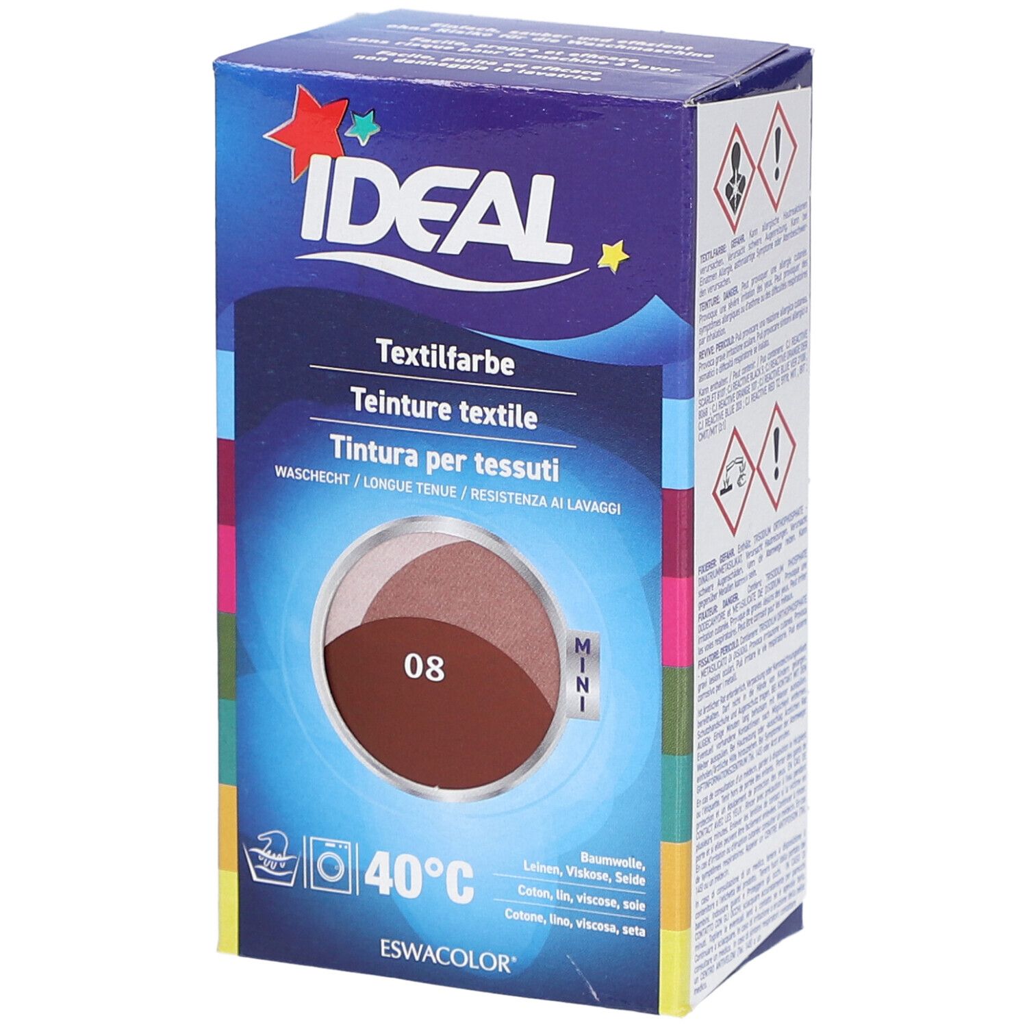 IDEAL MINI Baumwolle Color No08 rotbraun Textilfarbe. Verpackung mit Produktabbildung und Waschsymbol.