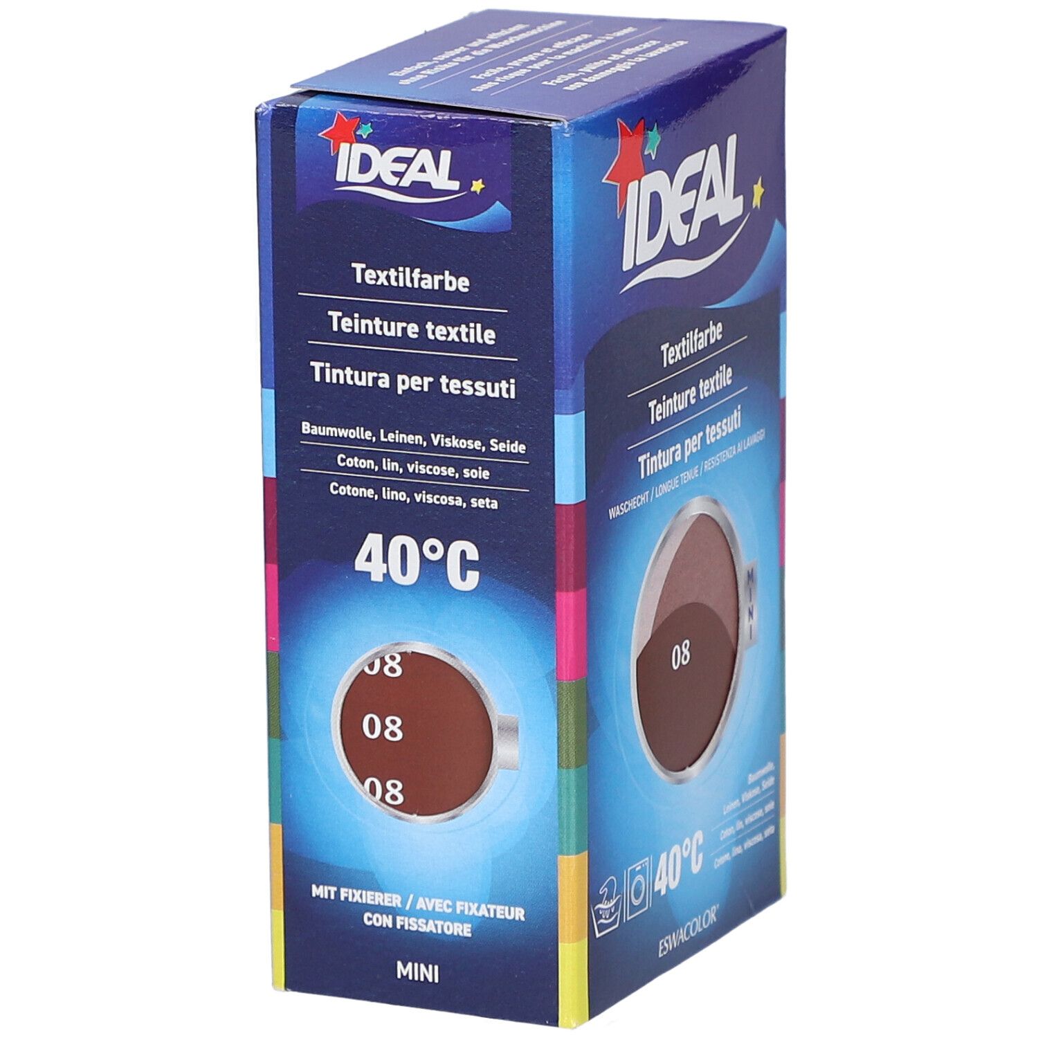 IDEAL Textilfarbe, MINI, rotbraun. Verpackung mit Produktabbildung und Text. 40°C Waschsymbol.