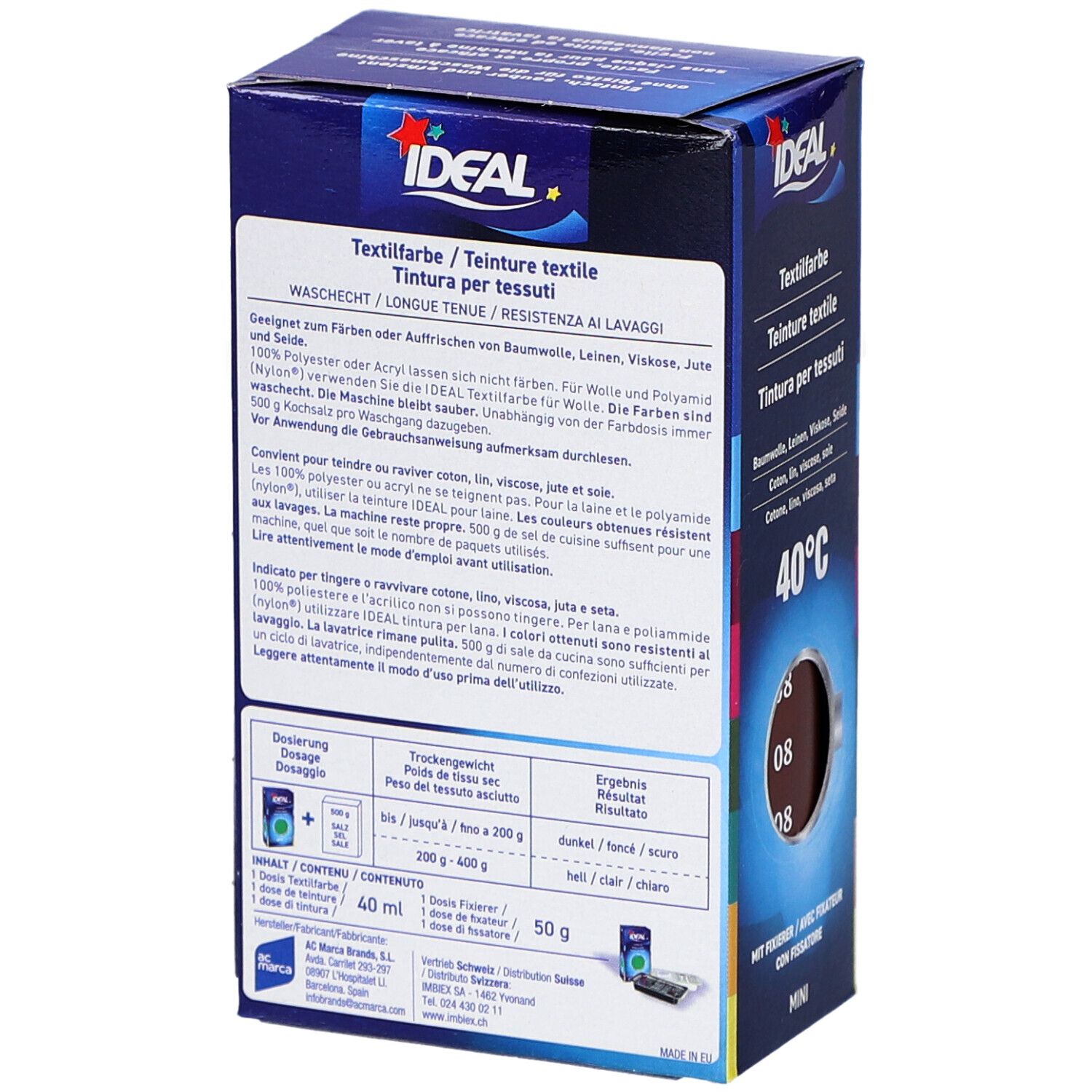 Rückseite der IDEAL Textilfarben-Verpackung. Text in Deutsch, Italienisch, Französisch. Dosierungsangaben und Warnhinweise.