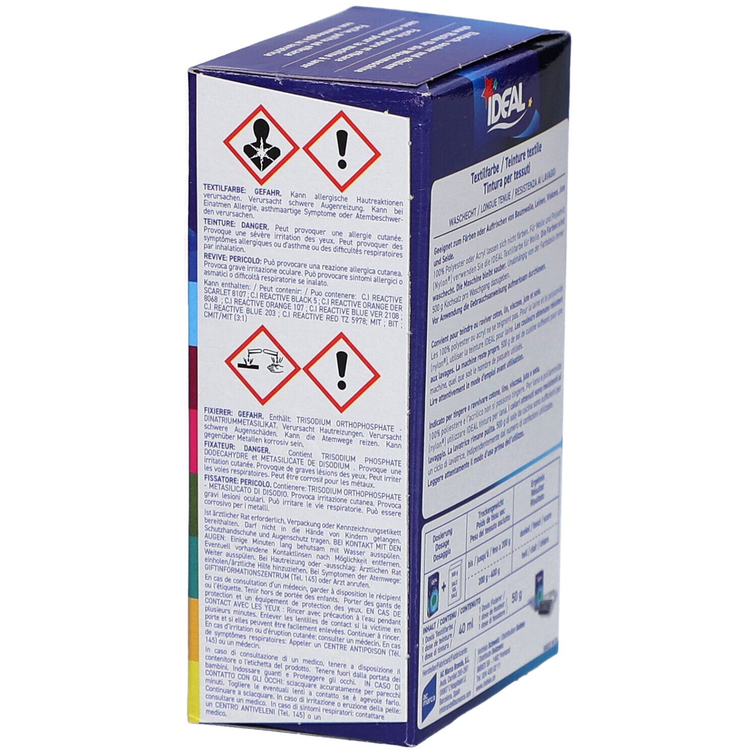 Verpackung der IDEAL Textilfarbe mit Warnsymbolen. Text in Deutsch, Italienisch, Französisch. Gefahrenhinweise.