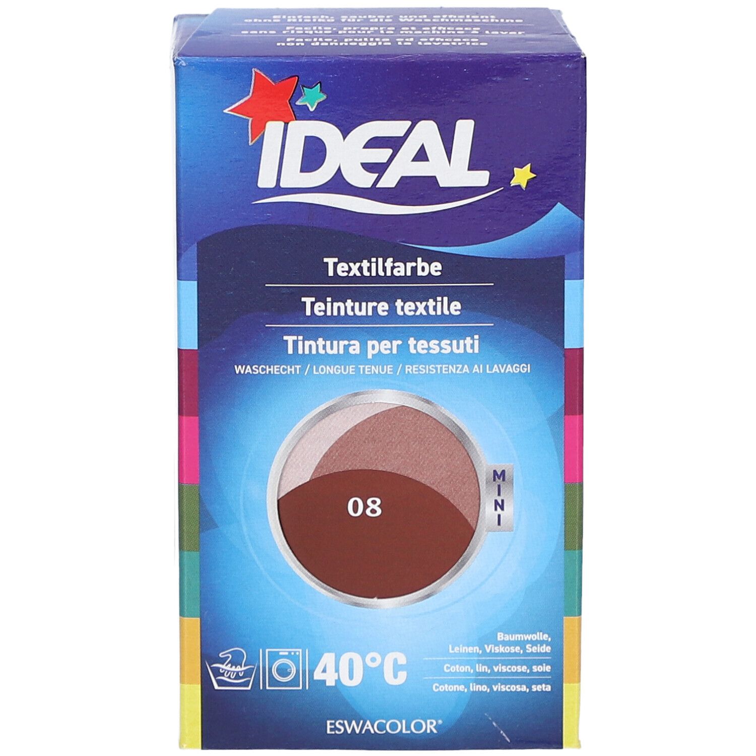 IDEAL MINI Baumwolle Color No08 rotbraun Textilfarbe. Verpackung mit Produktabbildung und Waschsymbol.