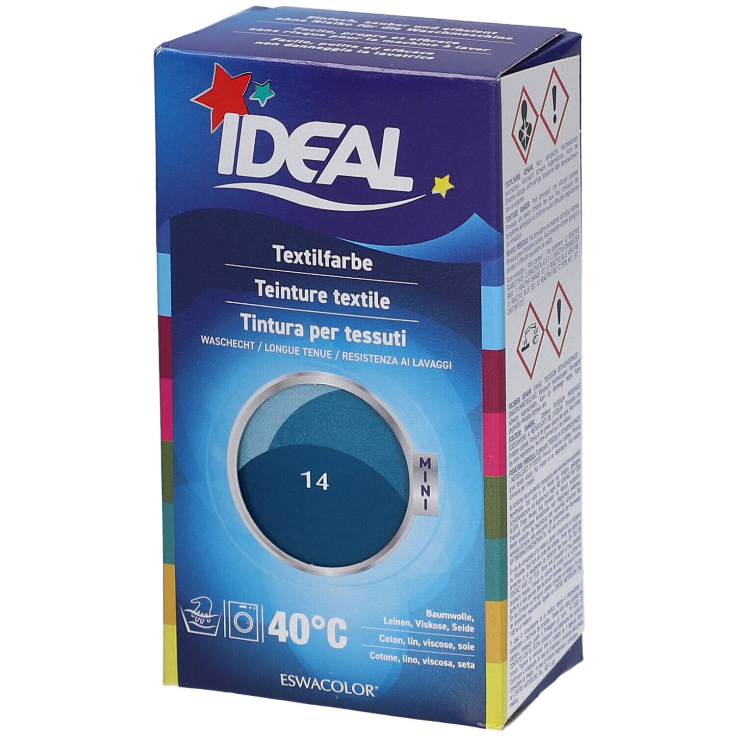 IDEAL Textilfarbe, Petrolblau 14, in Kartonverpackung. Waschhinweis 40°C. Mini-Größe. Farbkreis mit Farbton. Marke IDEAL.