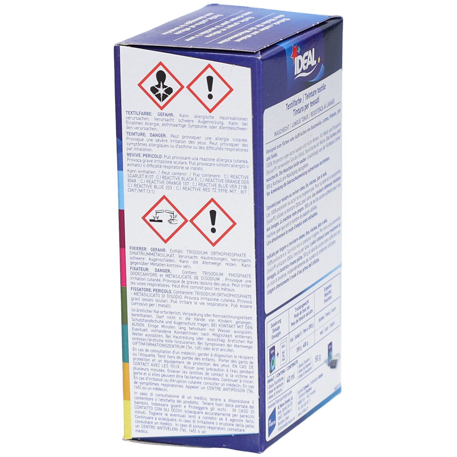 Rückseite der IDEAL Textilfarben-Verpackung. Warnhinweise, Gefahrensymbole. Textinformationen in Deutsch, Französisch, Italienisch.
