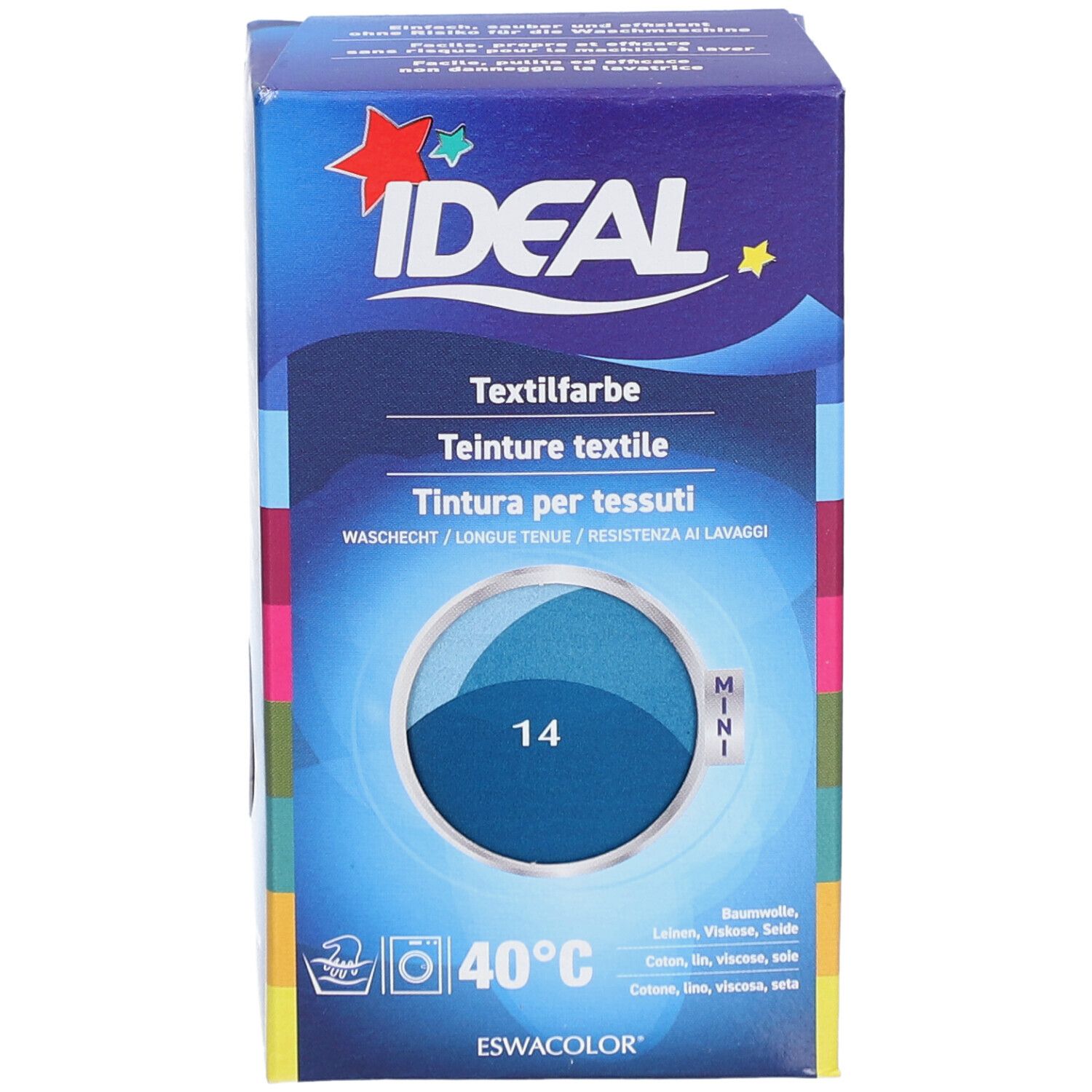 IDEAL Textilfarbe, Petrolblau 14, in Kartonverpackung. Waschhinweis 40°C. Mini-Größe. Farbkreis mit Farbton. Marke IDEAL.