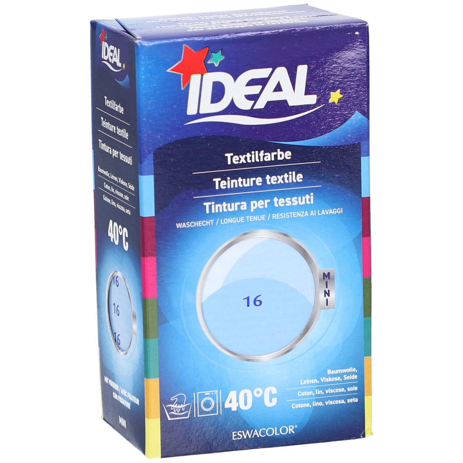 Boîte de teinture textile IDEAL, bleu clair, numéro 16. Pour coton, lin, viscose et soie. Lavage à 40°C.