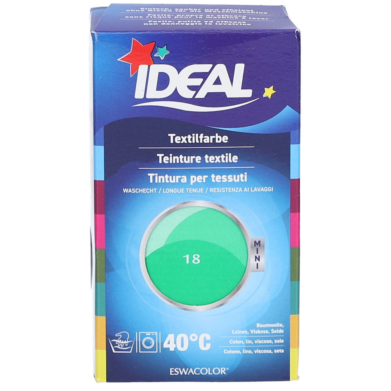 Boîte de teinture textile. Échantillon vert rond avec '18'. Marque IDEAL. Symbole de lavage, 40°C. Mini.