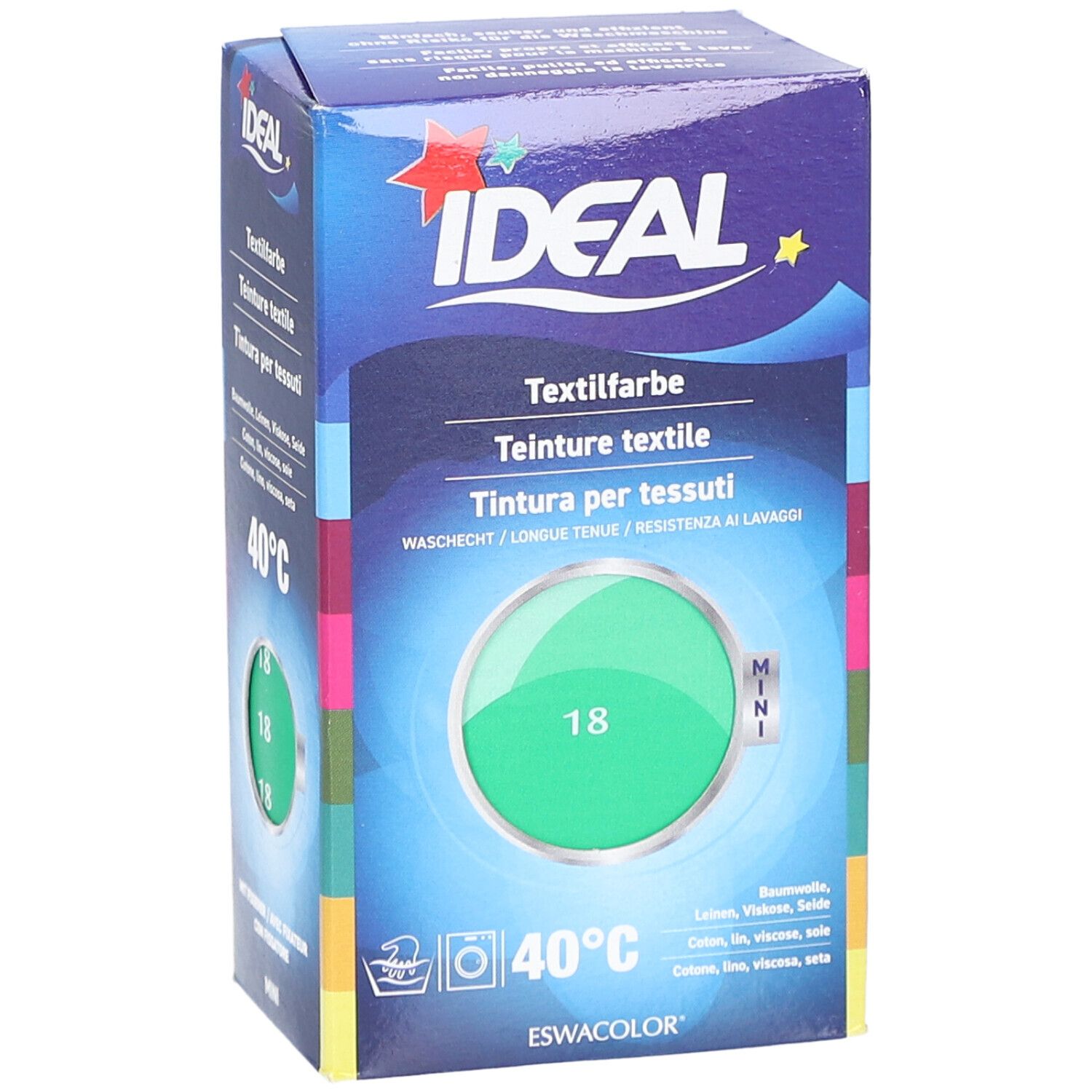 Boîte de teinture textile. Échantillon vert rond avec '18'. Marque IDEAL. Symbole de lavage, 40°C. Mini.