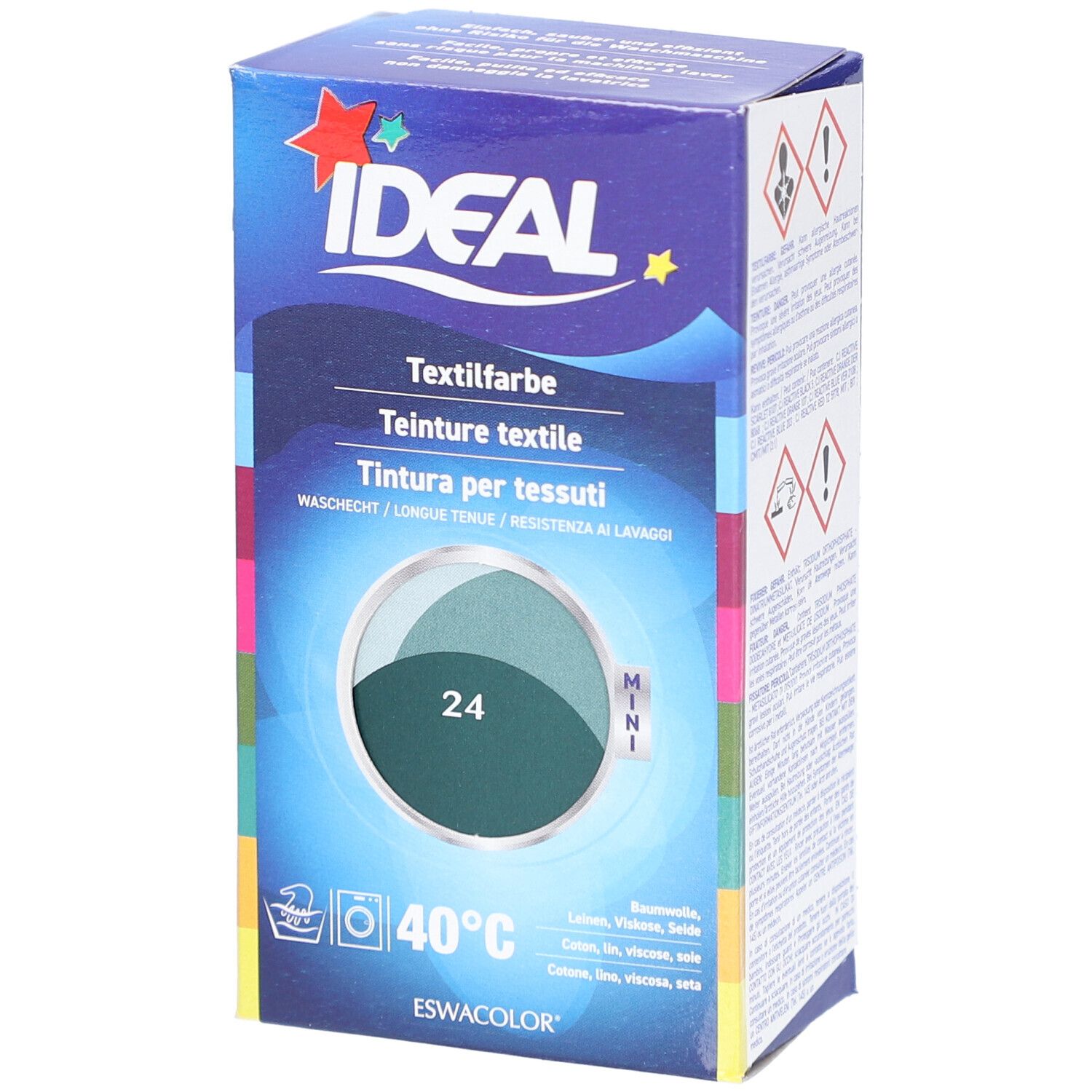 Boîte IDEAL MINI teinture textile, teinte 24. Emballage bleu avec illustration du produit. Contient des symboles de lavage et du texte en allemand, français, italien.