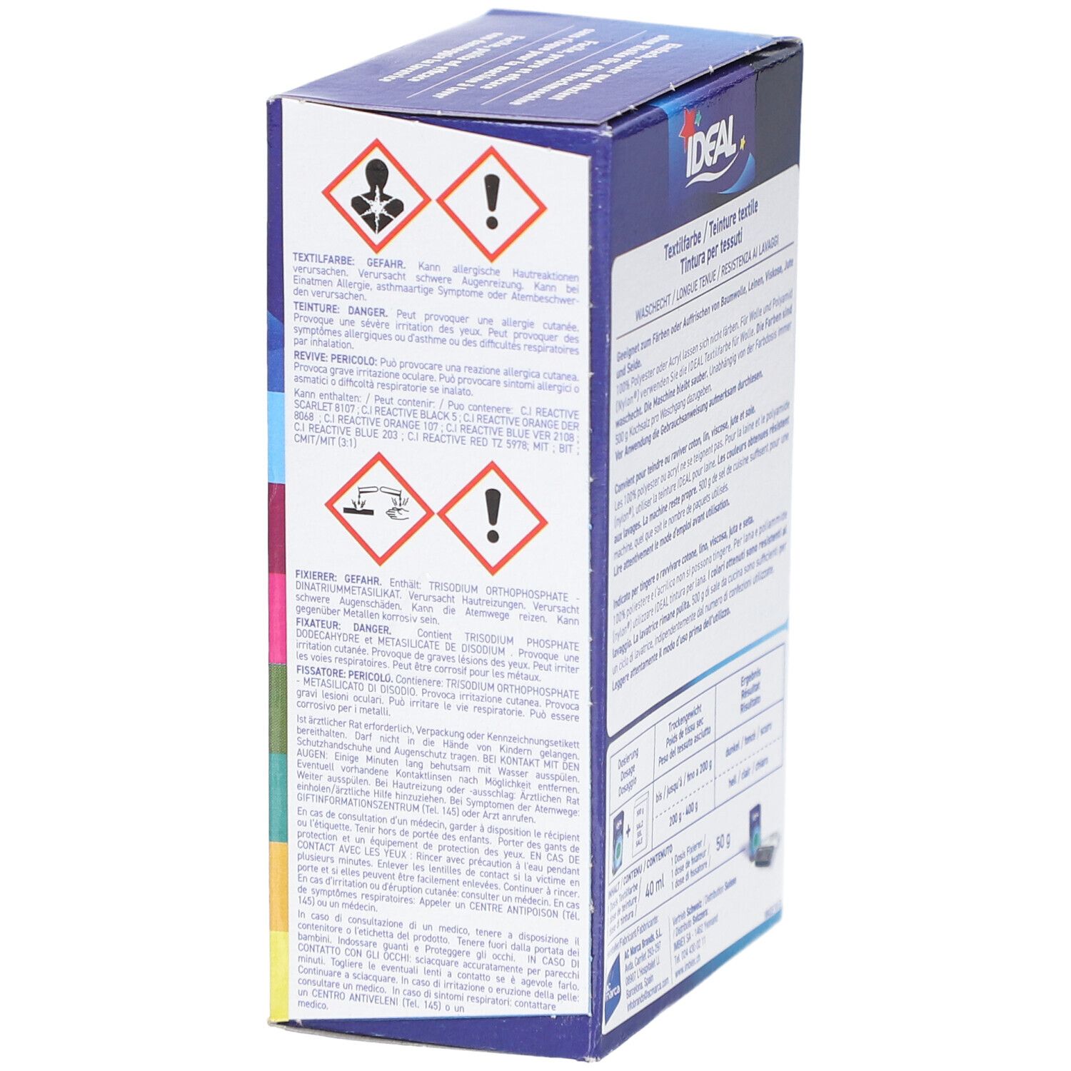 Boîte IDEAL MINI teinture textile avec symboles d'avertissement. Texte en allemand, français, italien. Mentions de danger et consignes de sécurité.