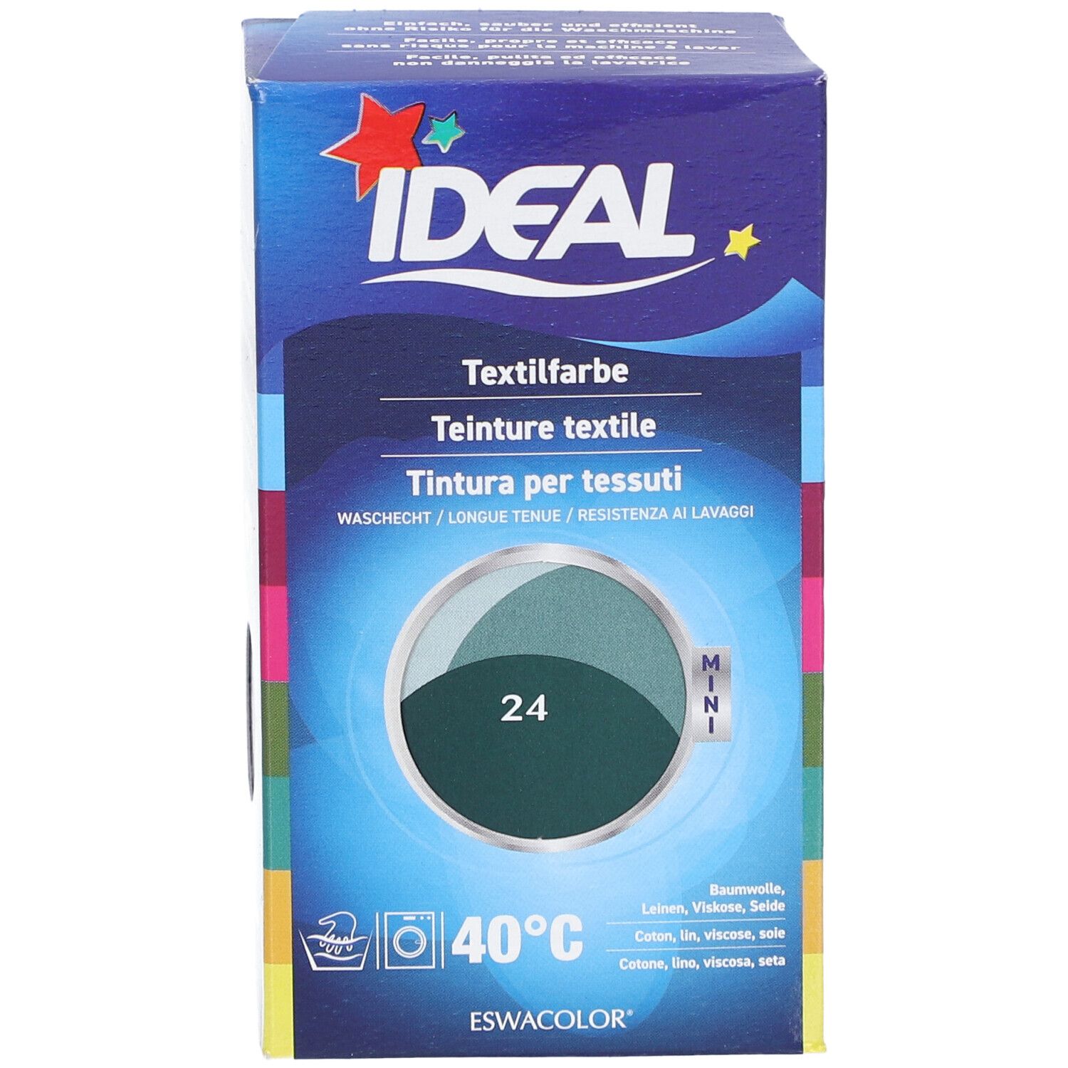 Boîte IDEAL MINI teinture textile, teinte 24. Emballage bleu avec illustration du produit. Contient des symboles de lavage et du texte en allemand, français, italien.