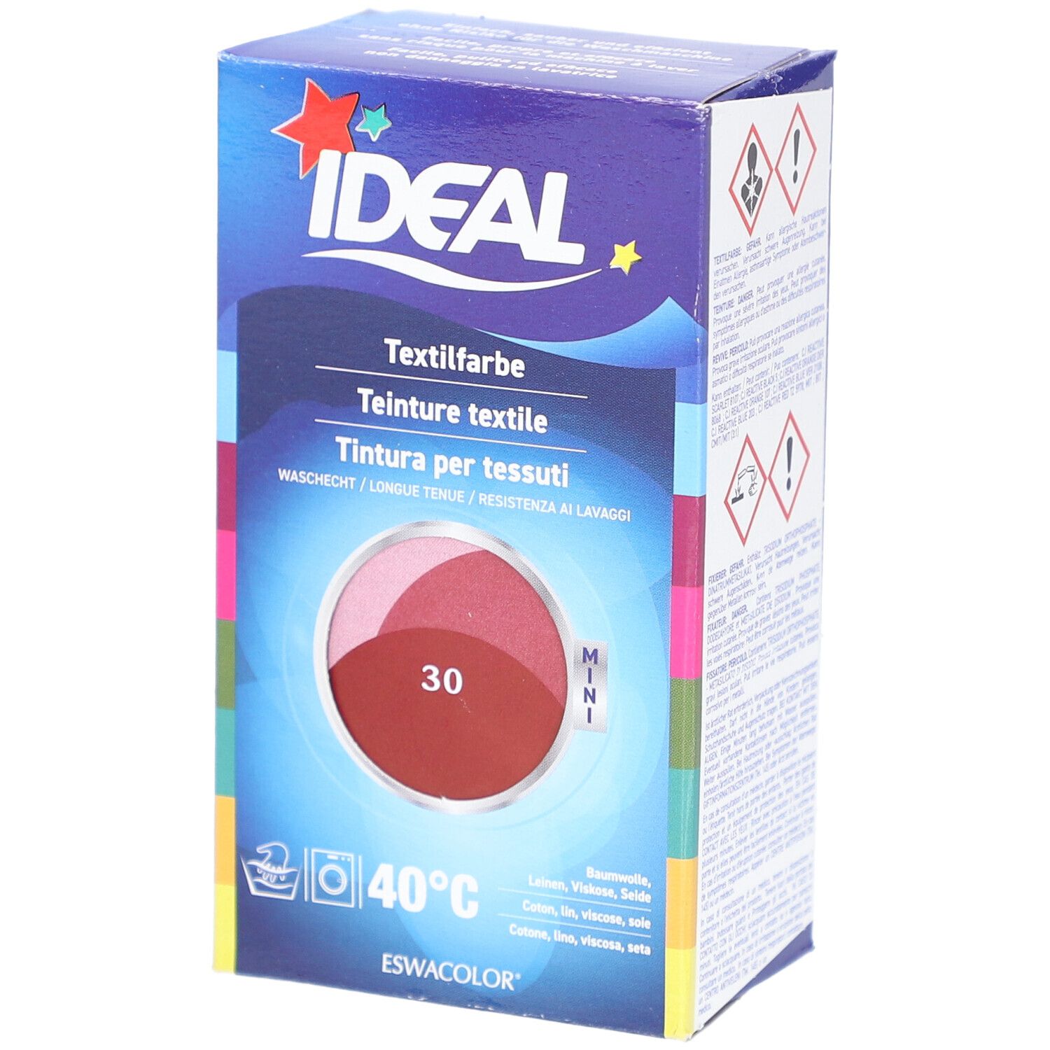 IDEAL MINI Textilfarbe, Farbton 30 cassis, in Kartonverpackung. Waschhinweis 40°C. Enthält Textilfarben für Baumwolle, Leinen, Viskose, Seide.