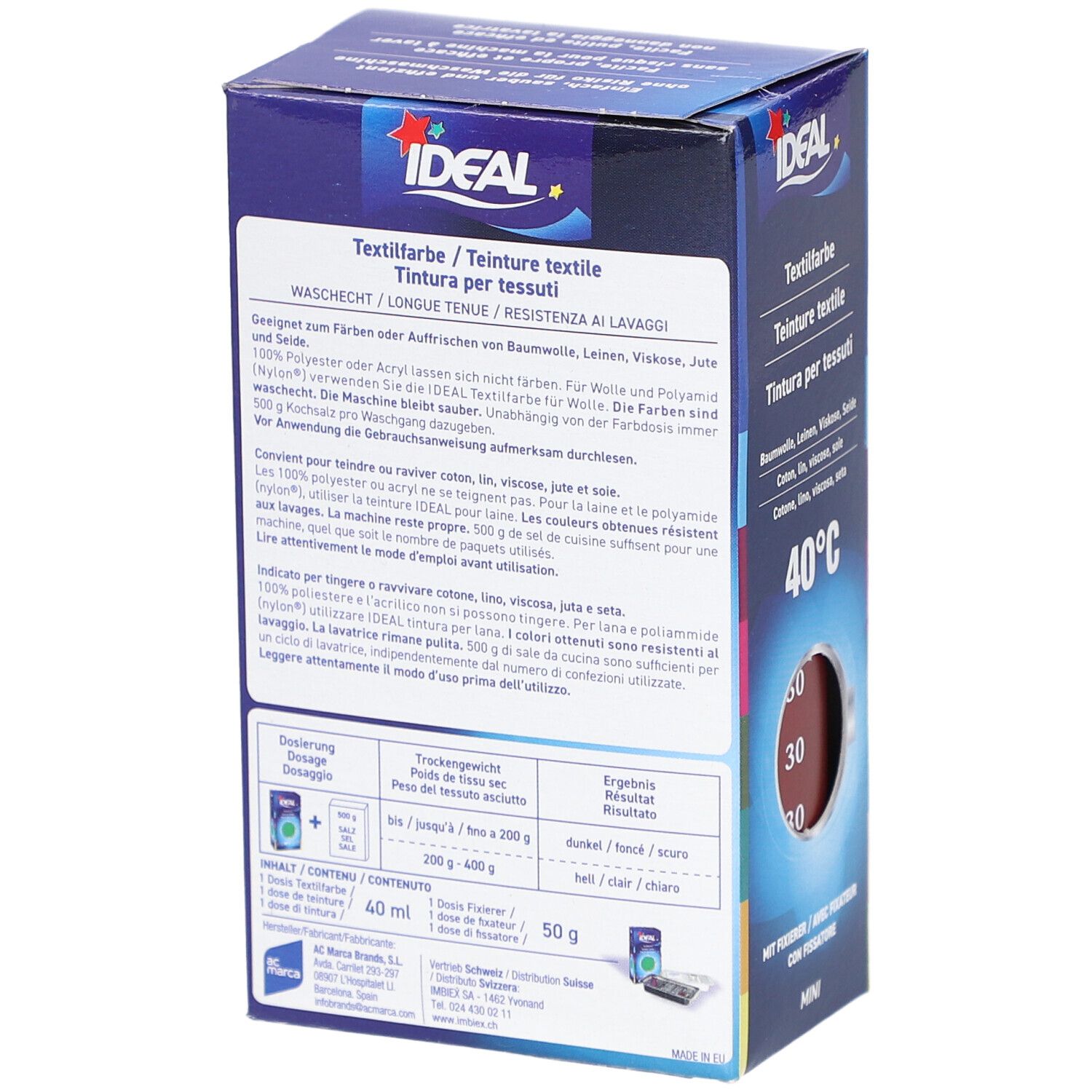 Rückseite der IDEAL MINI Textilfarben-Verpackung. Informationen zu Inhaltsstoffen, Dosierung, Trocknungszeit und Ergebnis. Waschhinweis 40°C.