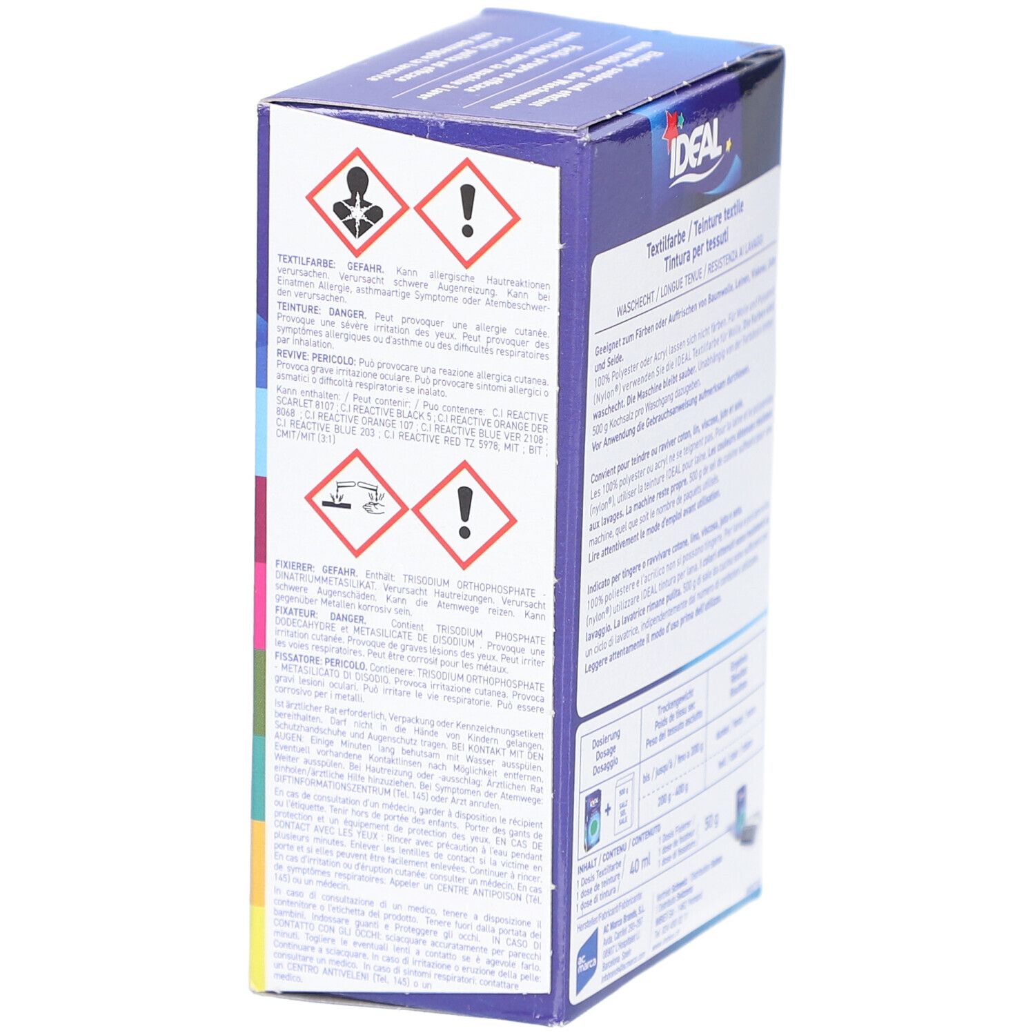 Seitenansicht der IDEAL MINI Textilfarben-Verpackung. Warnhinweise und Informationen zur Anwendung. Waschhinweis 40°C.