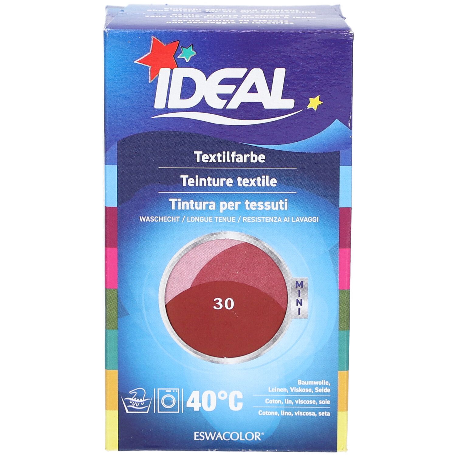 IDEAL MINI Textilfarbe, Farbton 30 cassis, in Kartonverpackung. Waschhinweis 40°C. Enthält Textilfarben für Baumwolle, Leinen, Viskose, Seide.