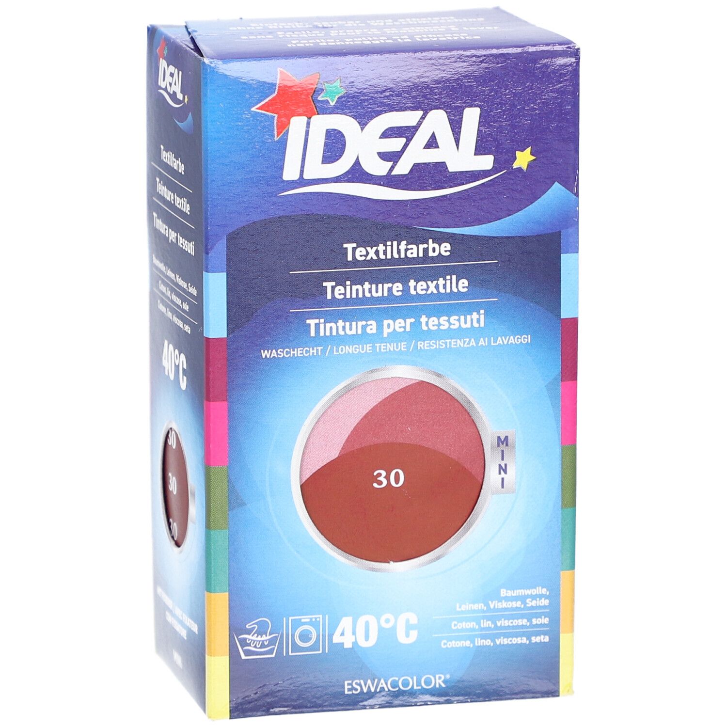 IDEAL MINI Textilfarbe, Farbton 30 cassis, in Kartonverpackung. Waschhinweis 40°C. Enthält Textilfarben für Baumwolle, Leinen, Viskose, Seide.