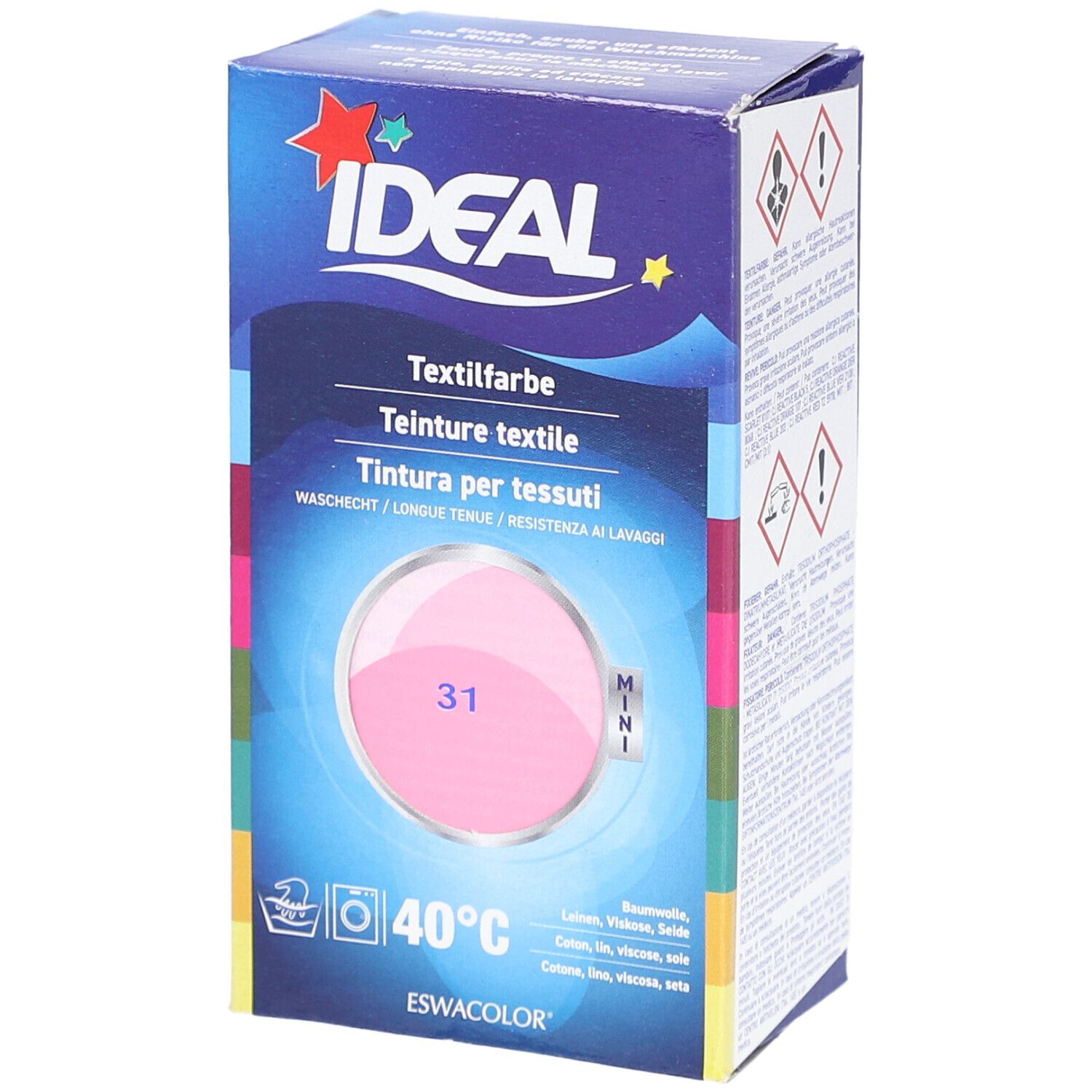 IDEAL Textilfarbe Box. Pinke Farbprobe mit Nummer 31. Waschsymbol und 40°C. Mini-Version.