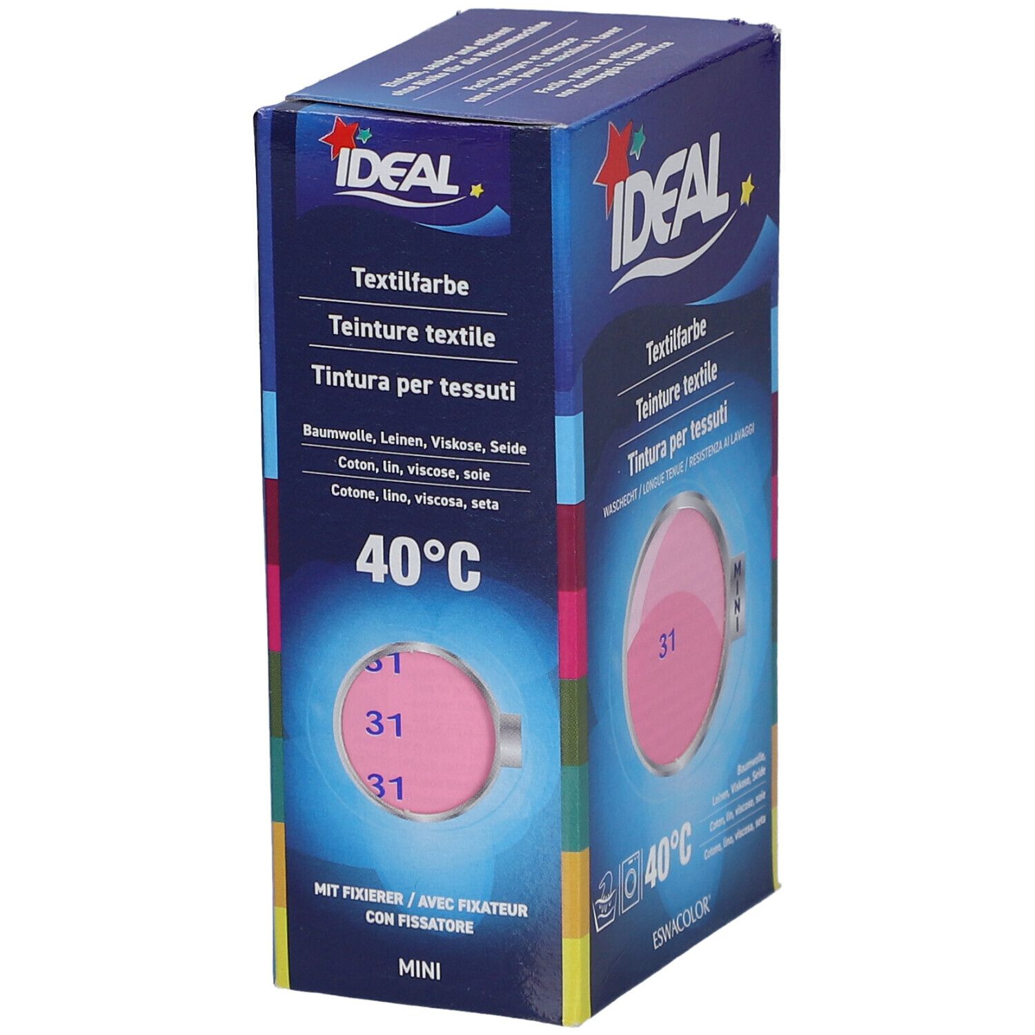 IDEAL Textilfarbe Box. Pinke Farbprobe mit Nummer 31. Waschsymbol und 40°C. Mini-Version.