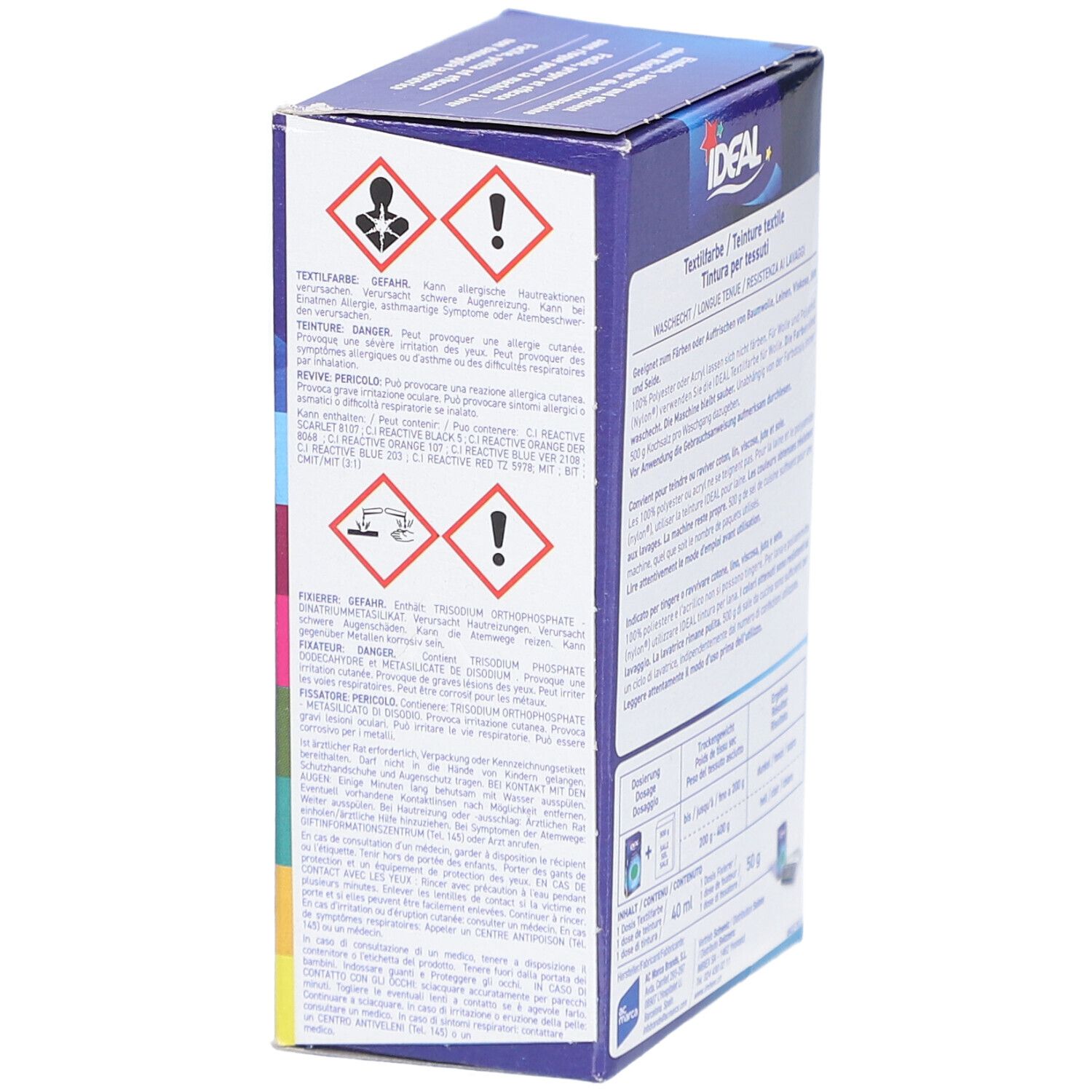 IDEAL Textilfarbe Box, Seite. Warnhinweise, Text. Farbcode-Tabelle. Mini-Version.