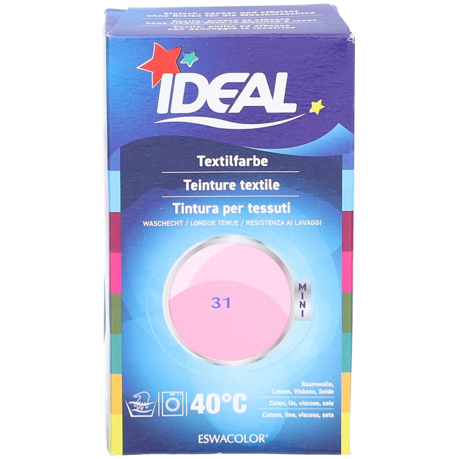 IDEAL Textilfarbe Box. Pinke Farbprobe mit Nummer 31. Waschsymbol und 40°C. Mini-Version.