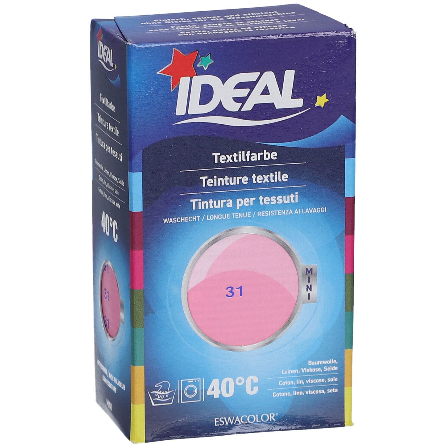 IDEAL Textilfarbe Box. Pinke Farbprobe mit Nummer 31. Waschsymbol und 40°C. Mini-Version.
