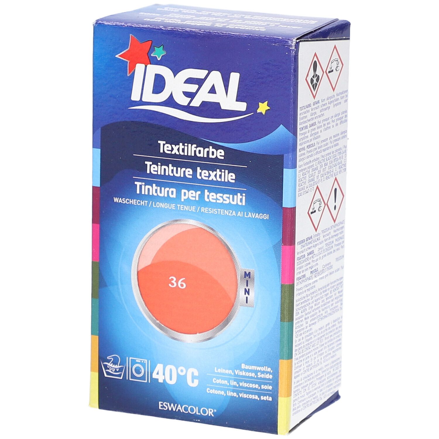 Teinture textile IDEAL MINI, couleur 36 corail, en boîte. Résistant au lavage.