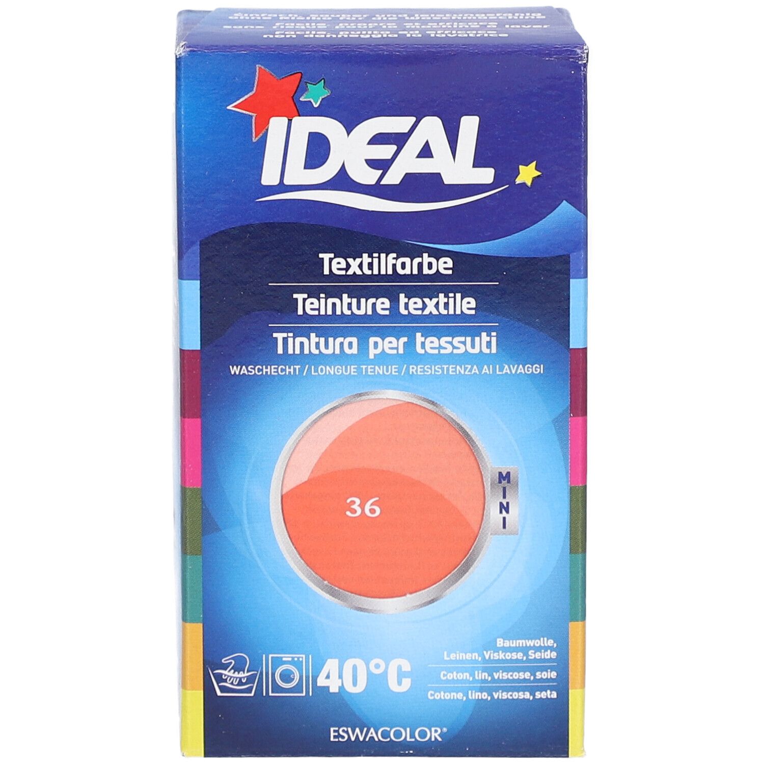 Teinture textile IDEAL MINI, couleur 36 corail, en boîte. Résistant au lavage.