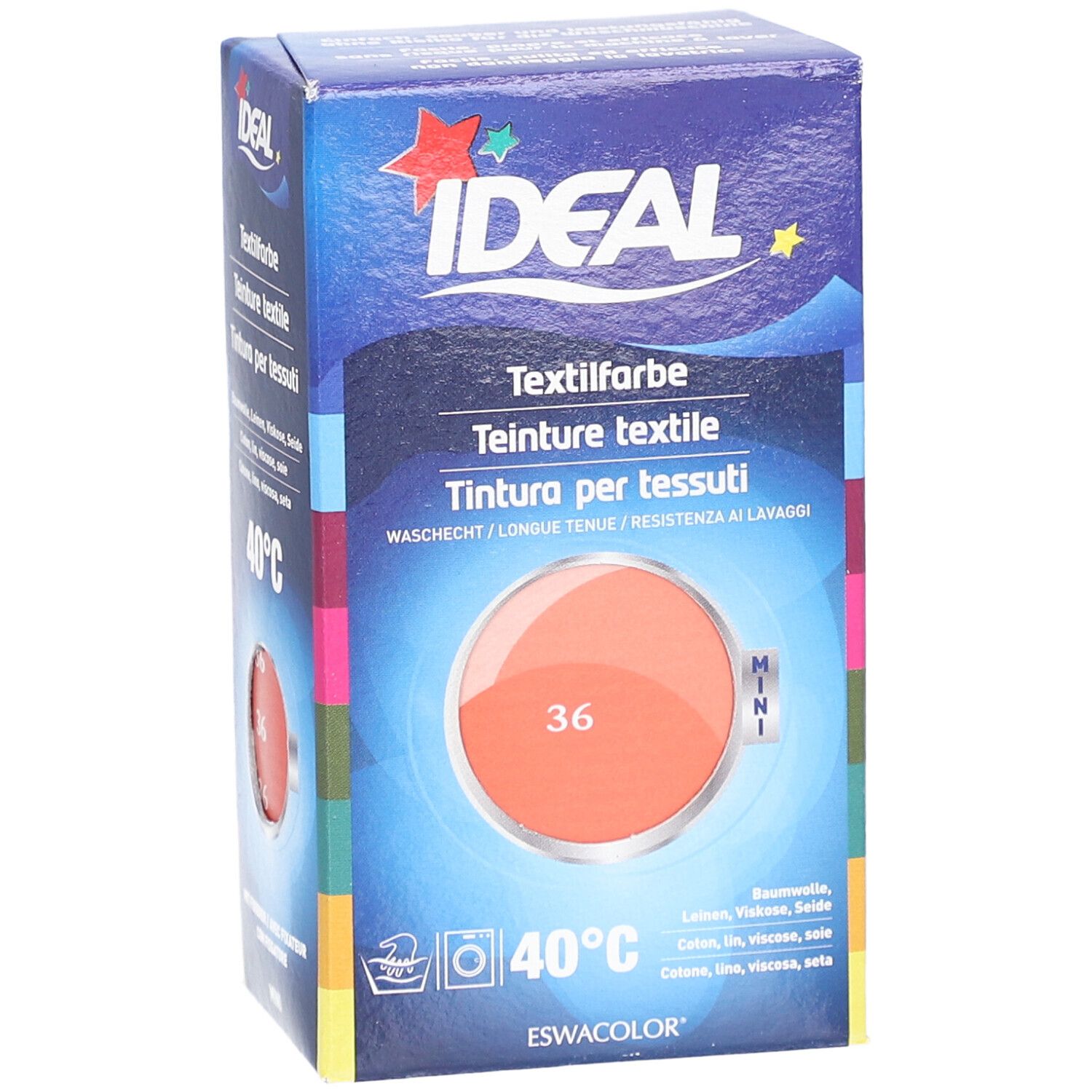 Teinture textile IDEAL MINI, couleur 36 corail, en boîte. Résistant au lavage.