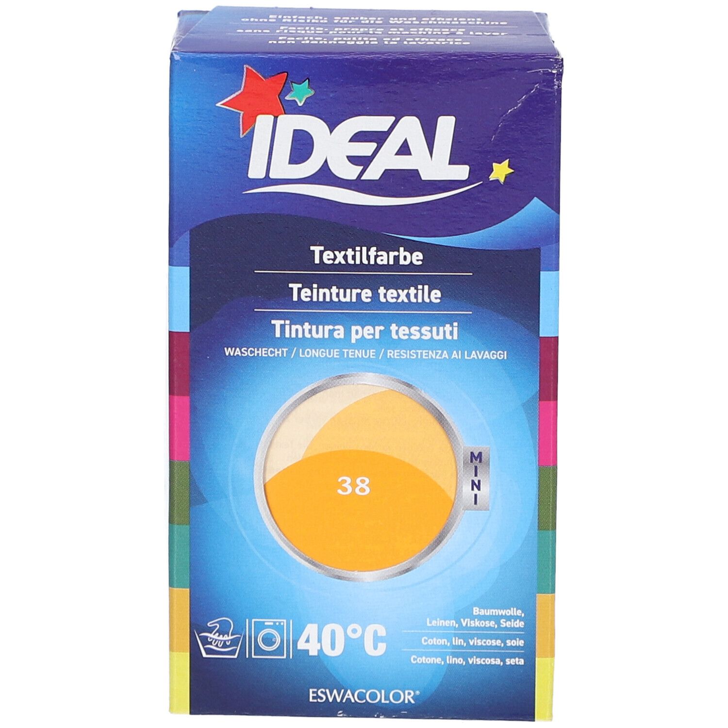 Boîte de teinture textile IDEAL, 40°C. Teinte 38 Mandarine. Pour coton, lin, viscose et soie. Inscription: Textilfarbe, Teinture textile.