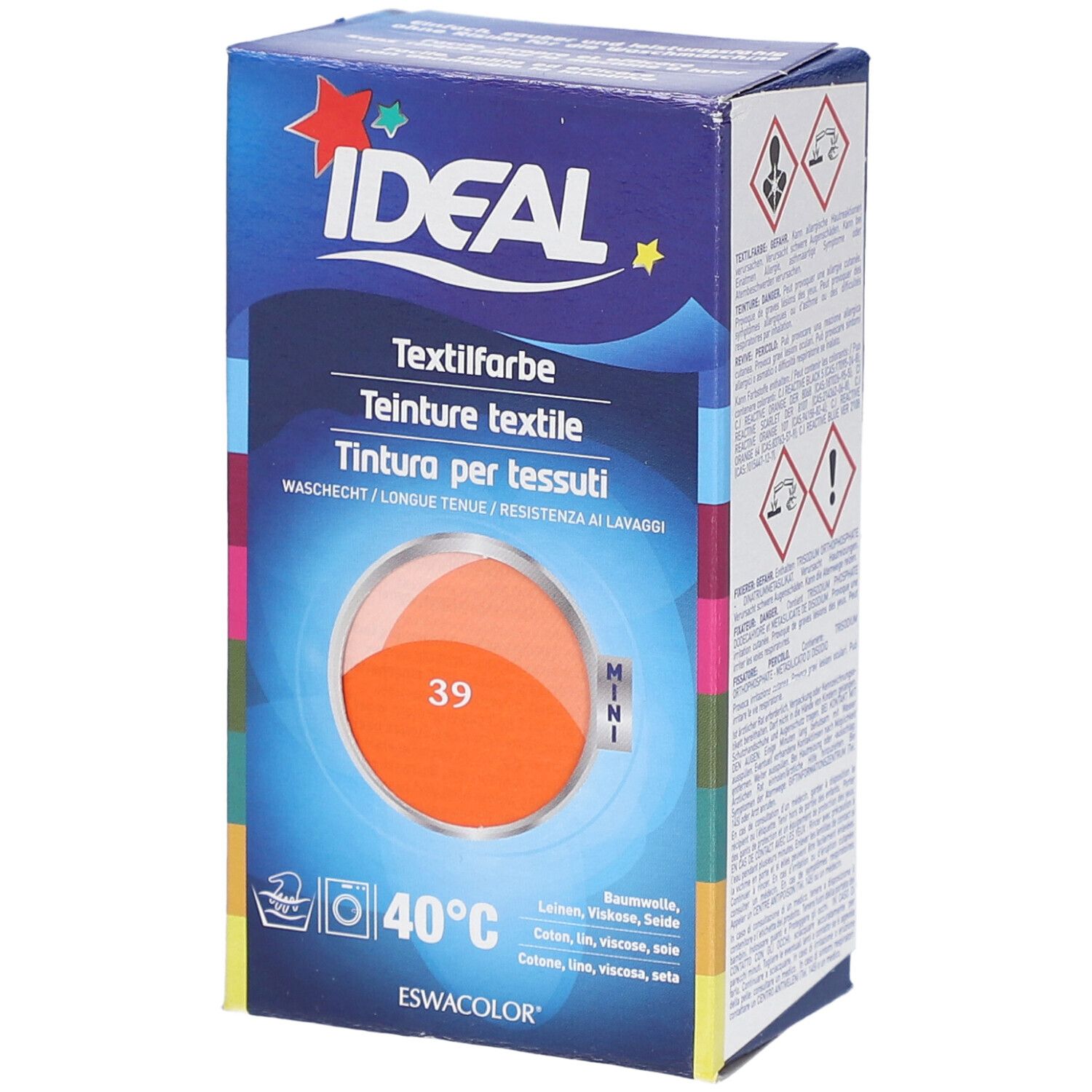Boîte de teinture textile IDEAL. Cercle orange avec le numéro 39. Lavable à 40°C. Pour coton, lin, viscose et soie.