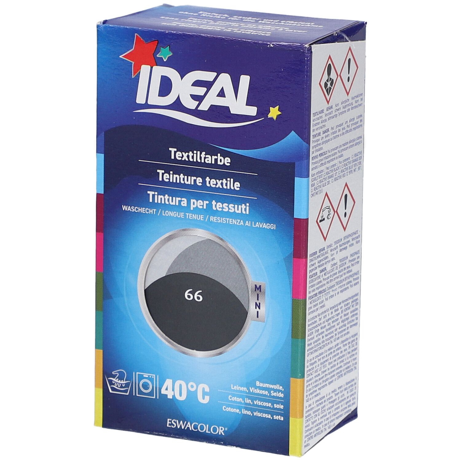 Ideal MINI Textilfarbe No66 Anthrazitgrau. Verpackung mit Produktinformationen. Waschsymbol und Temperaturangabe 40°C.