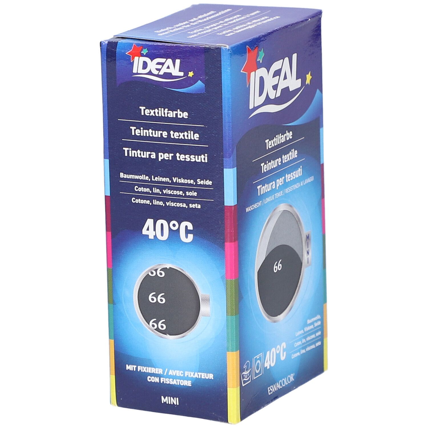 Ideal MINI Textilfarbe No66 Anthrazitgrau. Verpackung mit Produktinformationen. Waschsymbol und Temperaturangabe 40°C.