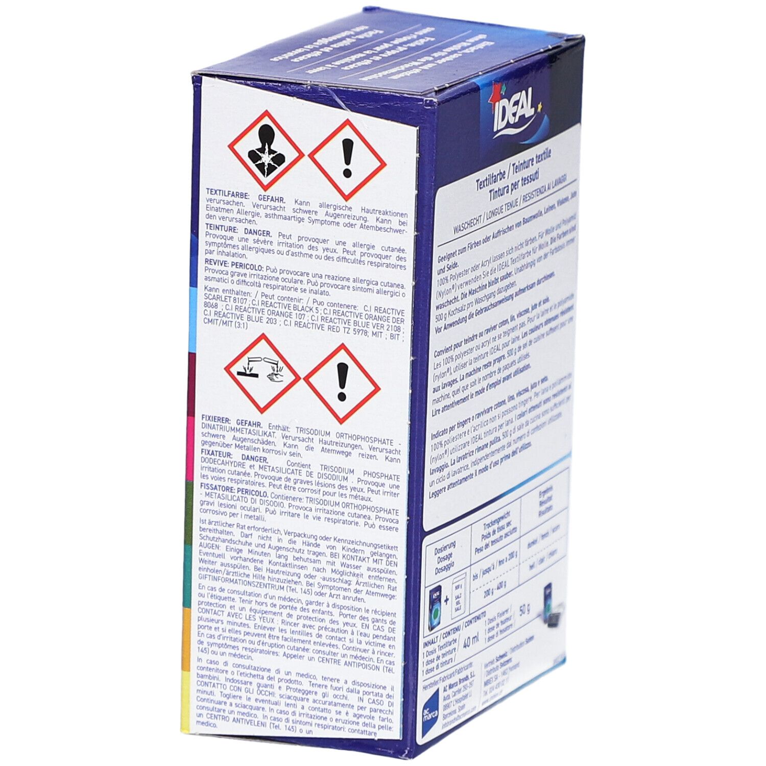 Rückseite der Ideal MINI Textilfarbe Verpackung. Warnhinweise und Inhaltsstoffe. Textinformationen in mehreren Sprachen.