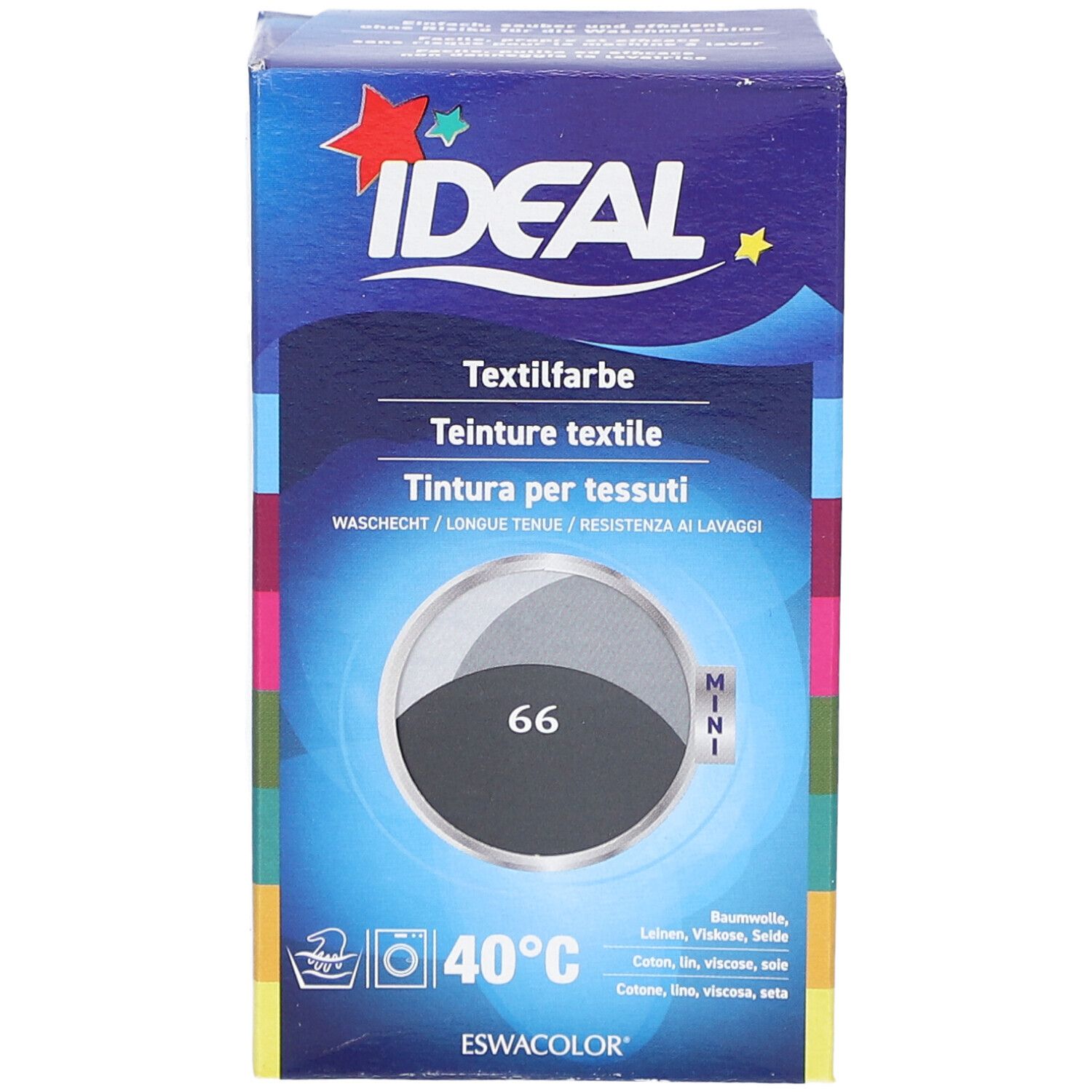 Ideal MINI Textilfarbe No66 Anthrazitgrau. Verpackung mit Produktinformationen. Waschsymbol und Temperaturangabe 40°C.