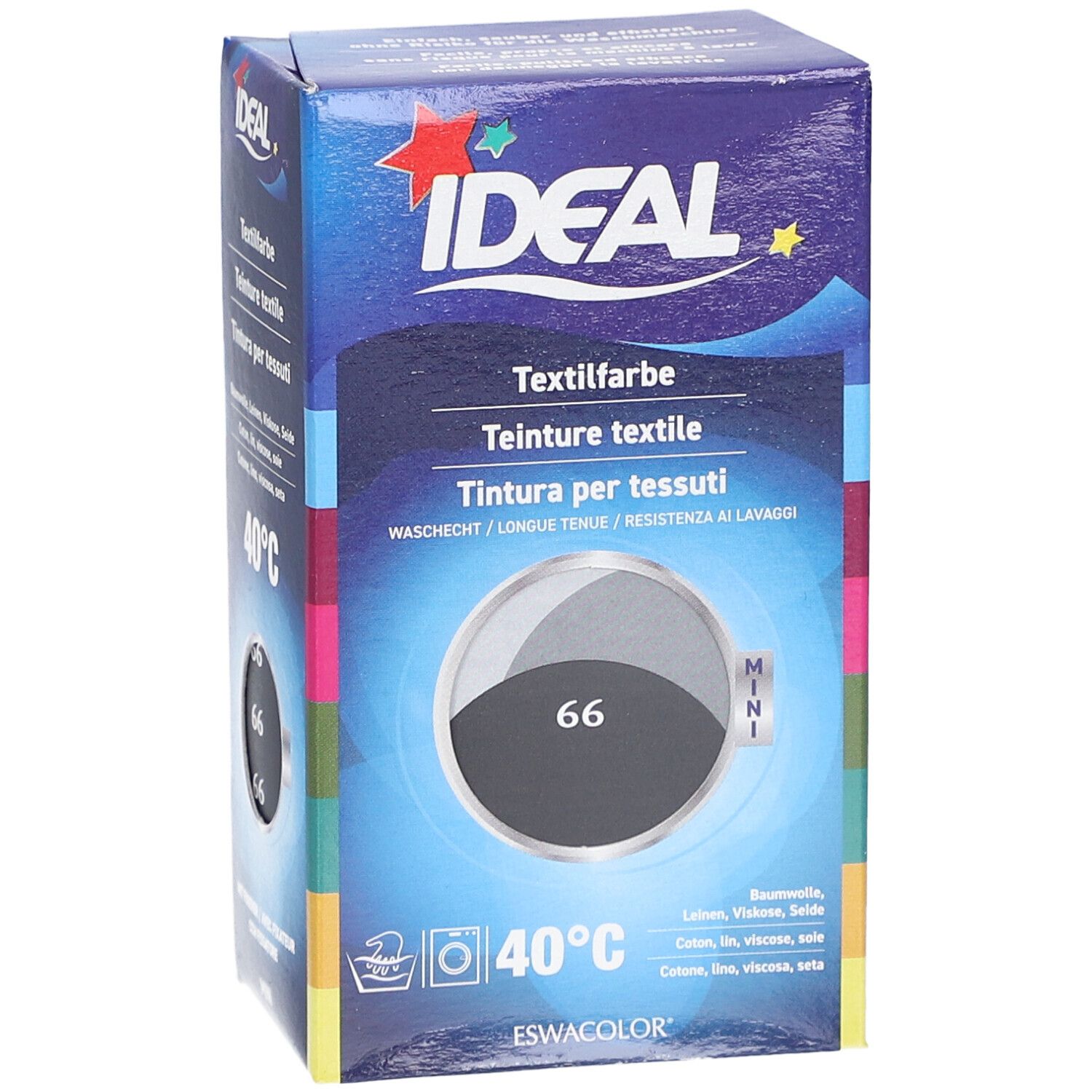 Ideal MINI Textilfarbe No66 Anthrazitgrau. Verpackung mit Produktinformationen. Waschsymbol und Temperaturangabe 40°C.