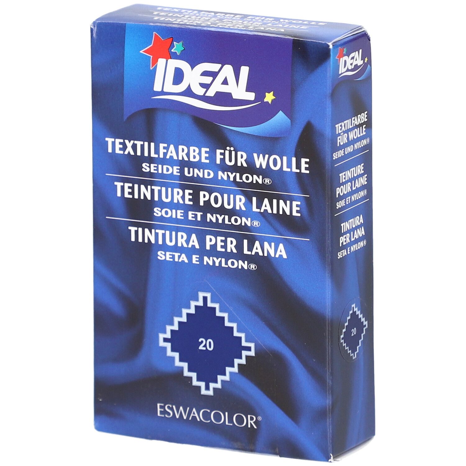 Boîte de teinture textile bleue. Logo Ideal en haut. Texte : Teinture pour laine, soie et nylon. Numéro 20. ESWACOLOR.