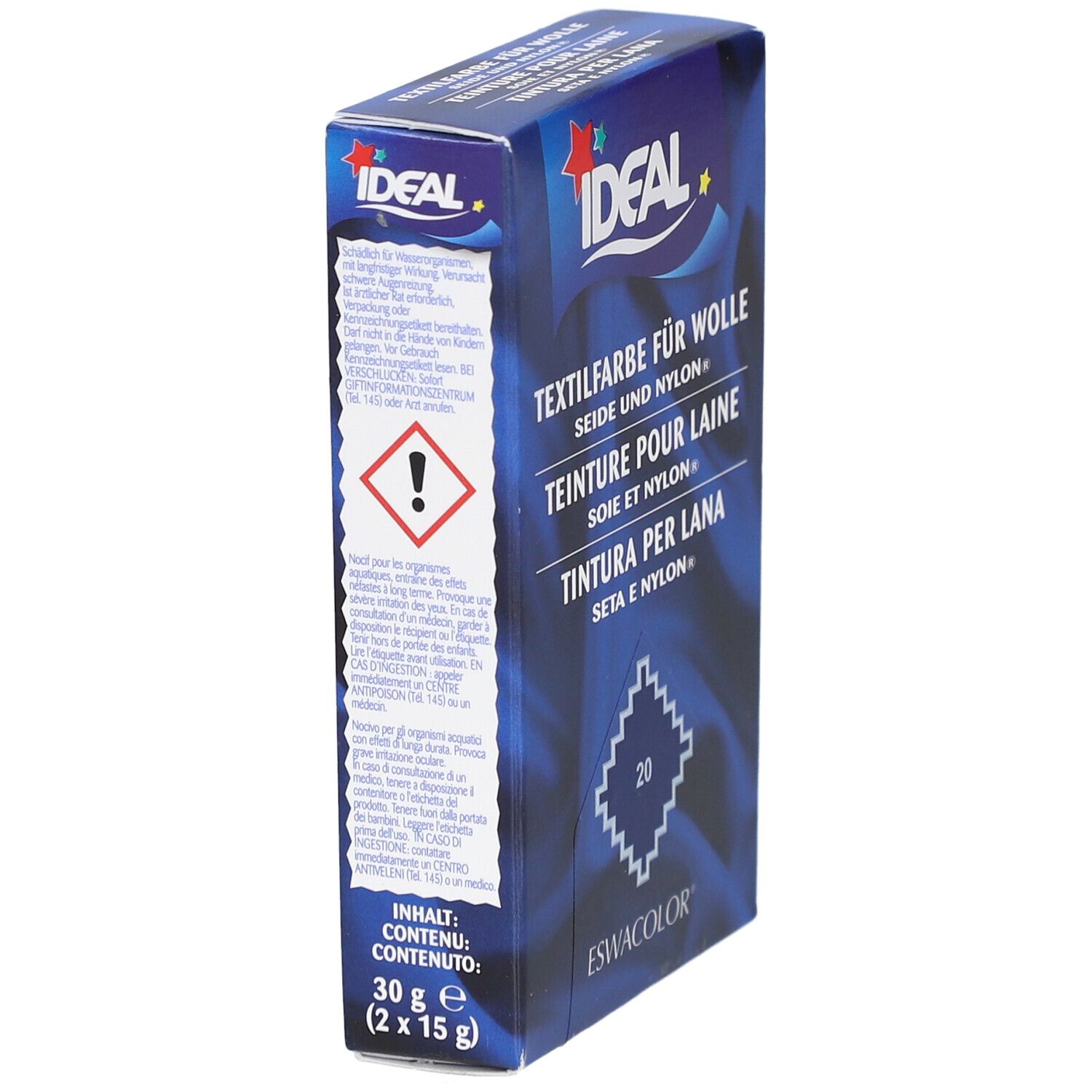 Emballage de teinture textile bleu. Logo Ideal. Texte : Teinture pour laine, soie et nylon. Avertissement. Contenu : 30g (2 x 15g).